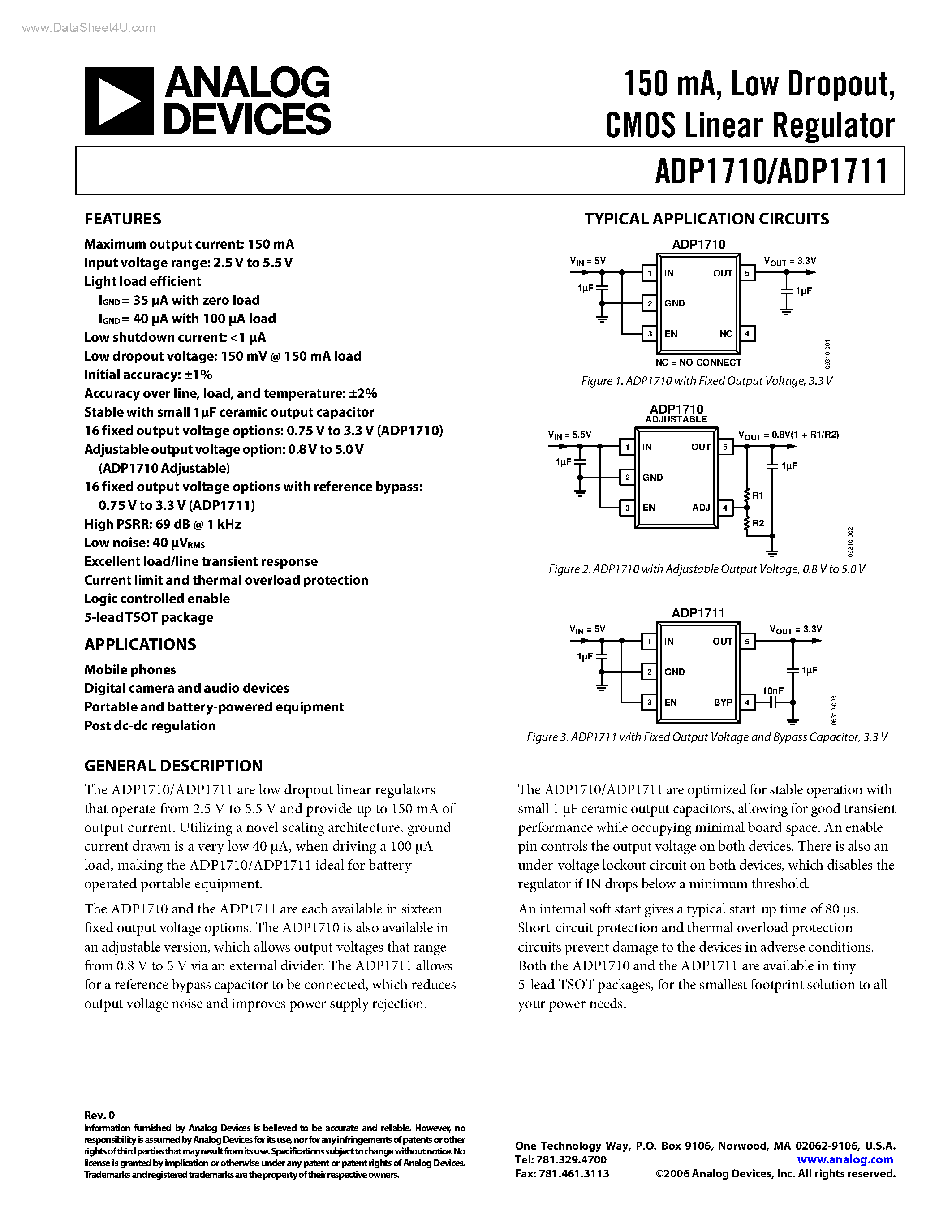 Даташит ADP1710 - (ADP1710 / ADP1711) CMOS Linear Regulator страница 1