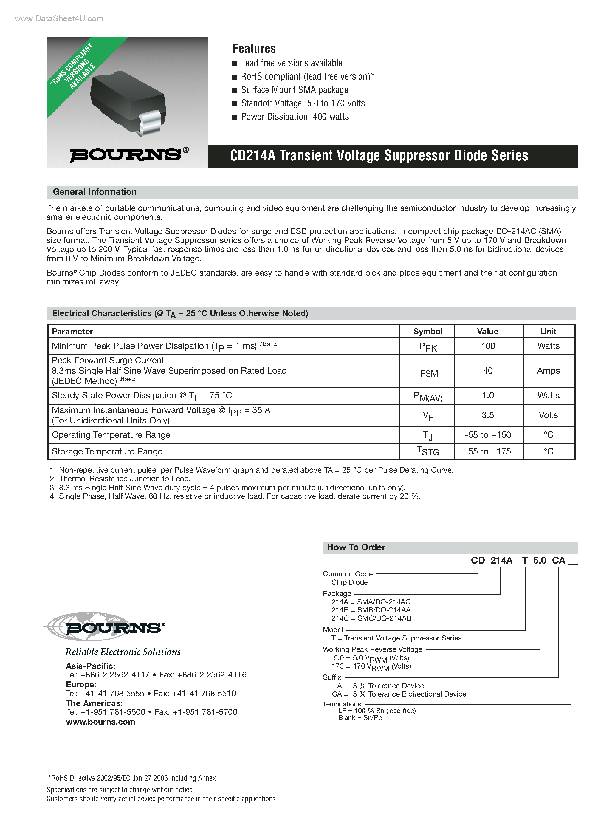 Даташит CD214A - Transient Voltage Suppressor Diode Series страница 1