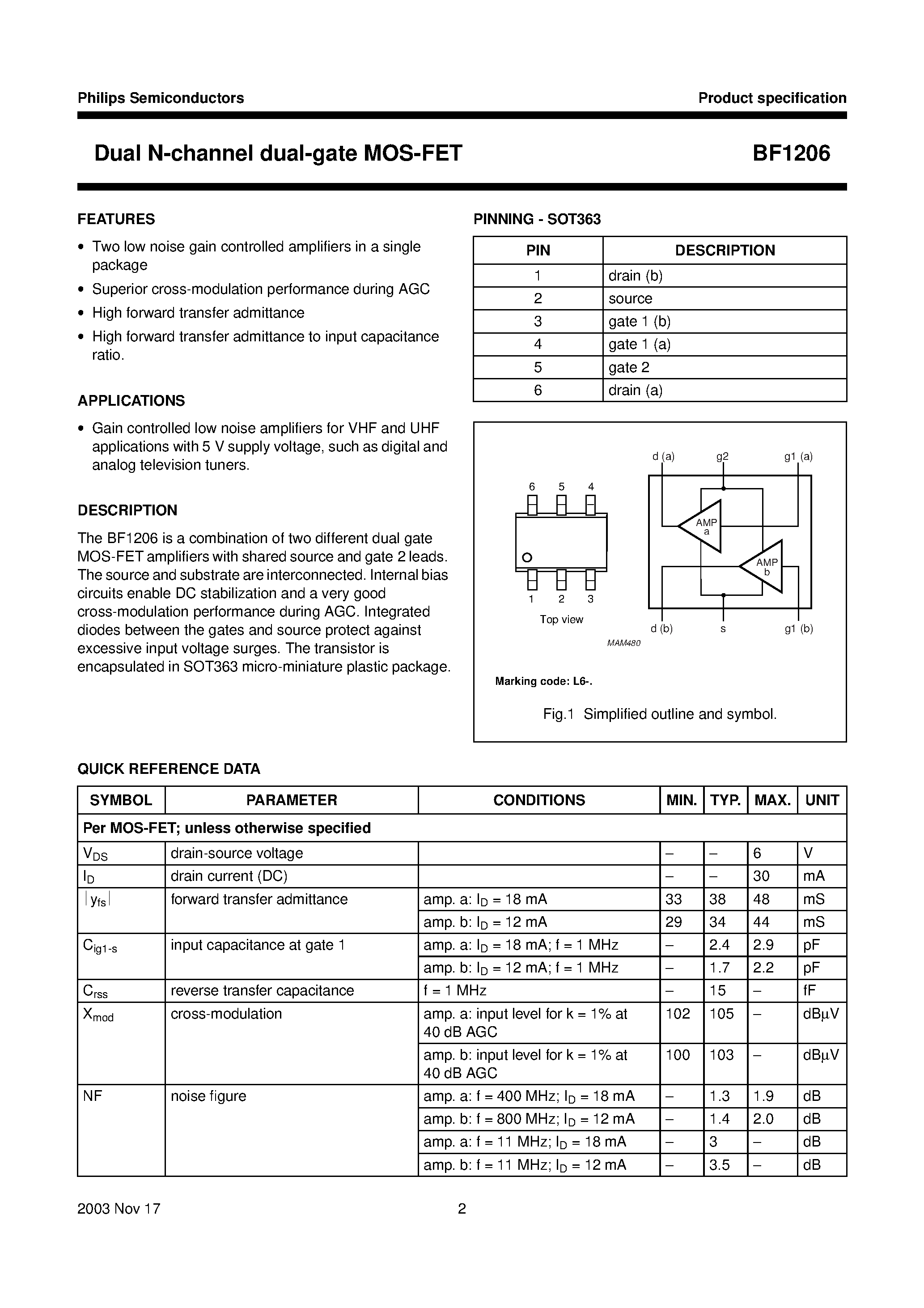 Datasheet BF1206 - Dual N-channel dual-gate MOS-FET page 2