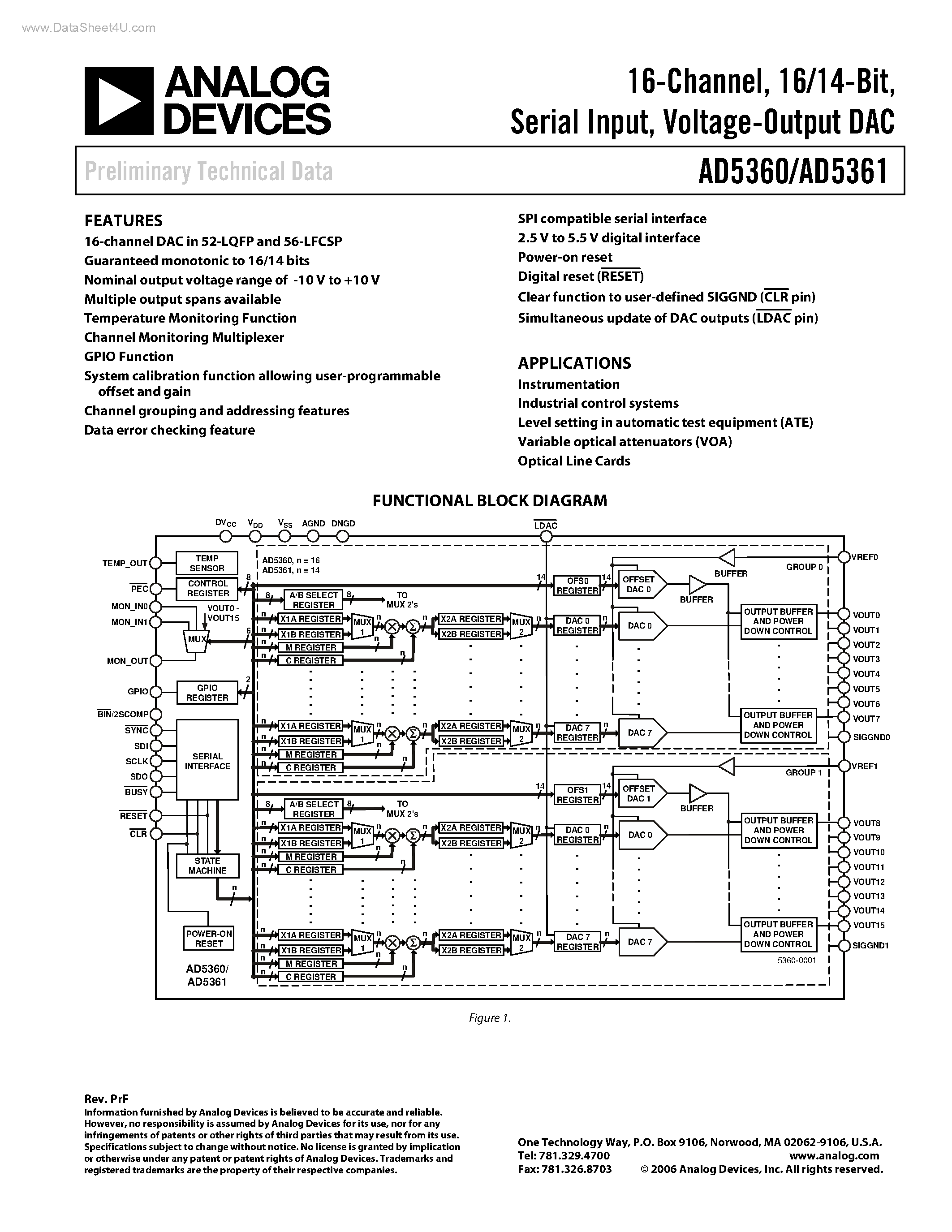 Datasheet AD5360 - (AD5360 / AD5361) Voltage-Output DAC page 1