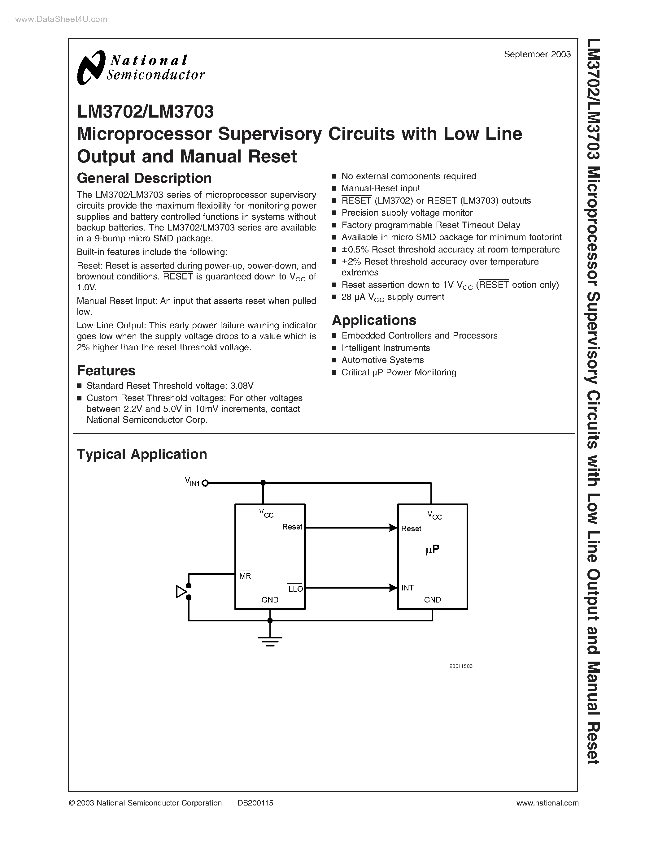 Даташит LM3702 - (LM3702 / LM3703) Microprocessor Supervisory Circuits страница 1