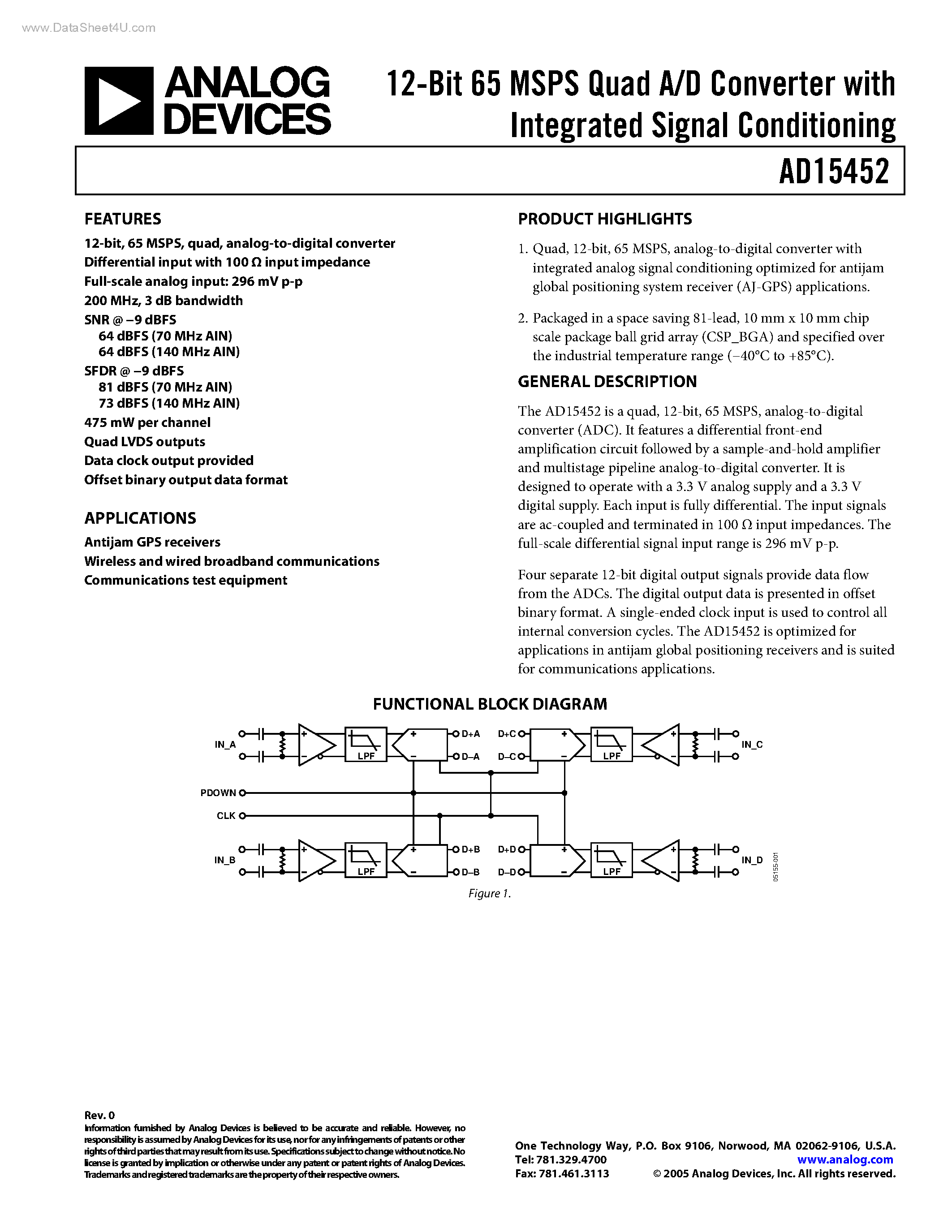 Datasheet AD15452 - 12-Bit 65 MSPS Quad A/D Converter page 1
