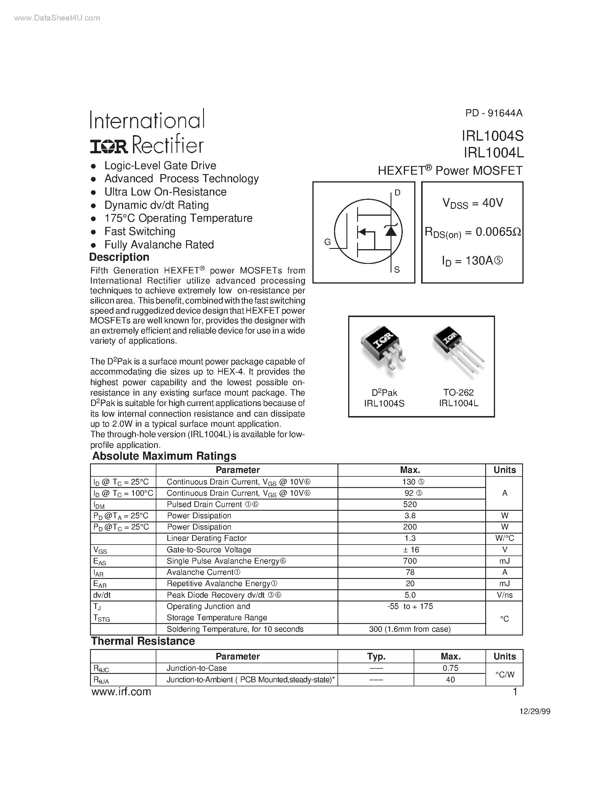 Datasheet IRL1004L - HEXFET Power MOSFET page 1