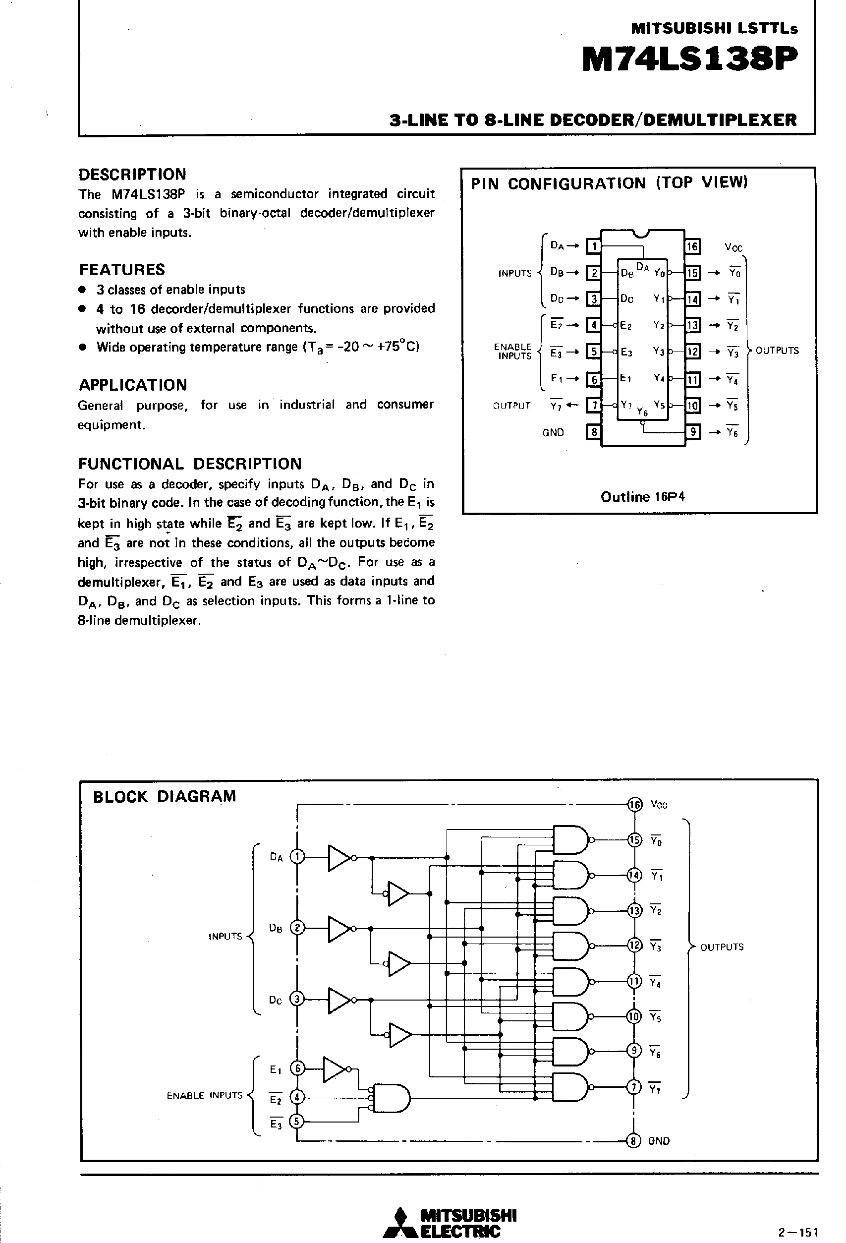 Datasheet M74LS138P - 3-LINE TO 8-LINE DECODER / DEMULTIPLEXER page 1