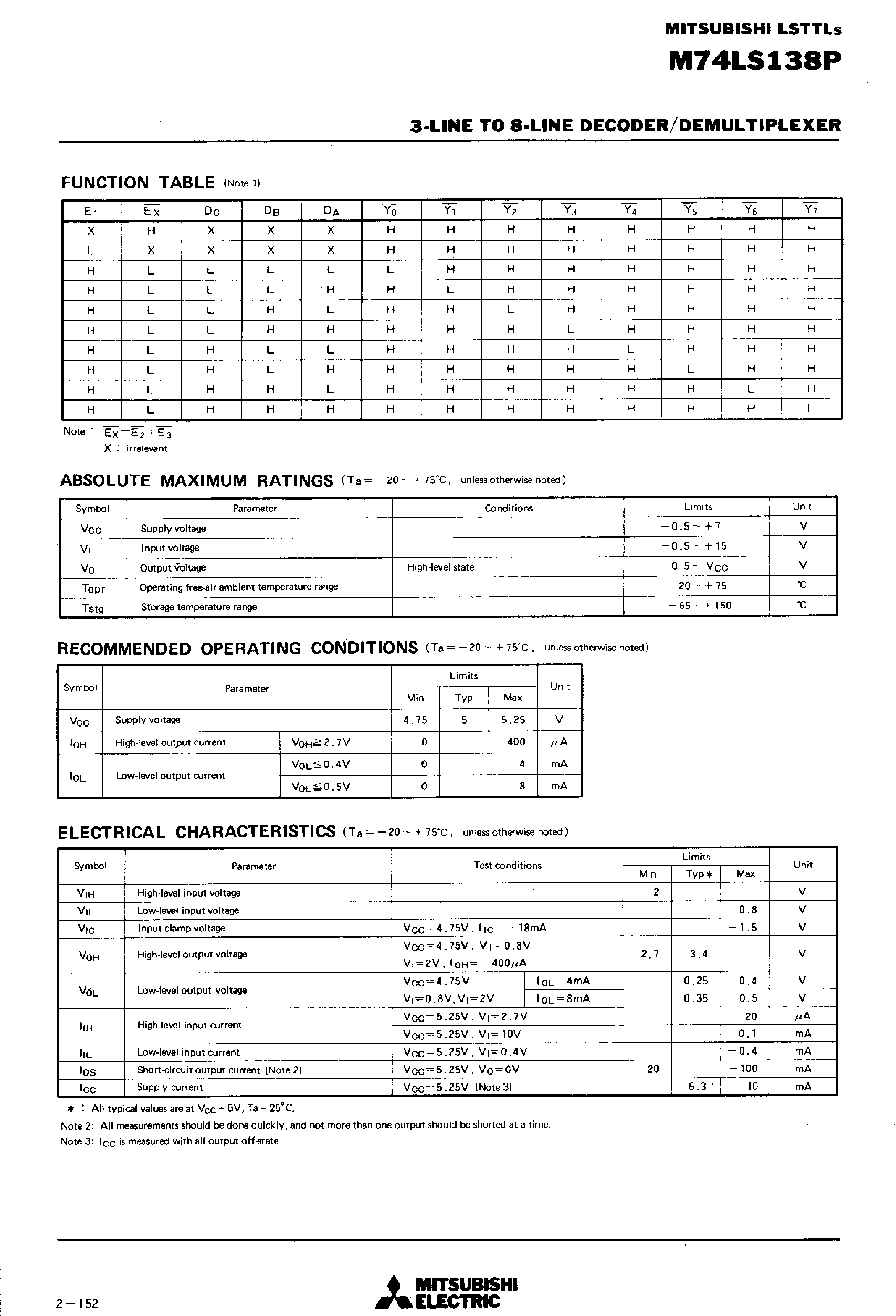 Datasheet M74LS138P - 3-LINE TO 8-LINE DECODER / DEMULTIPLEXER page 2