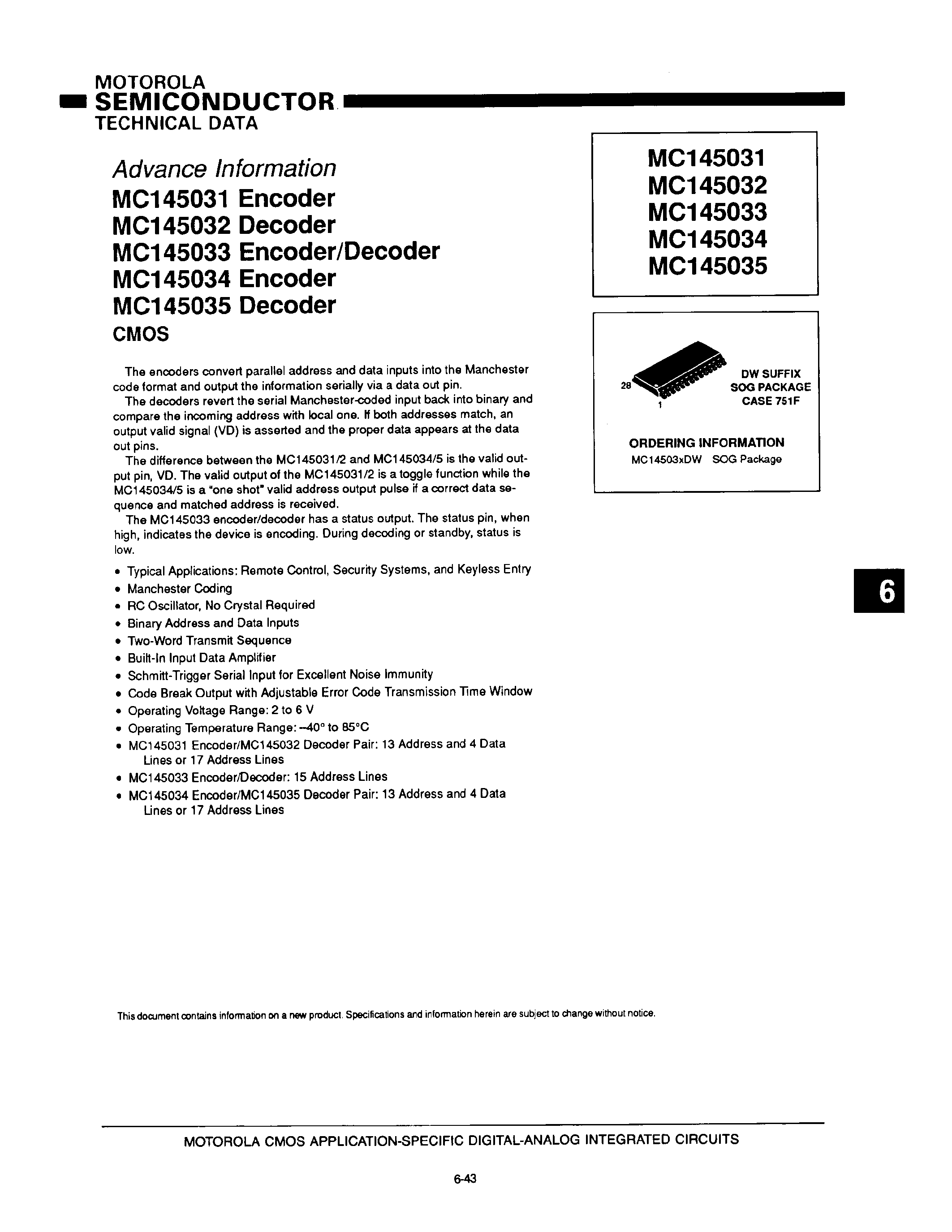 Даташит MC145031 - (MC145031 - MC145035) DW SUFFIX SOG PACKAGE CASE 751F страница 1
