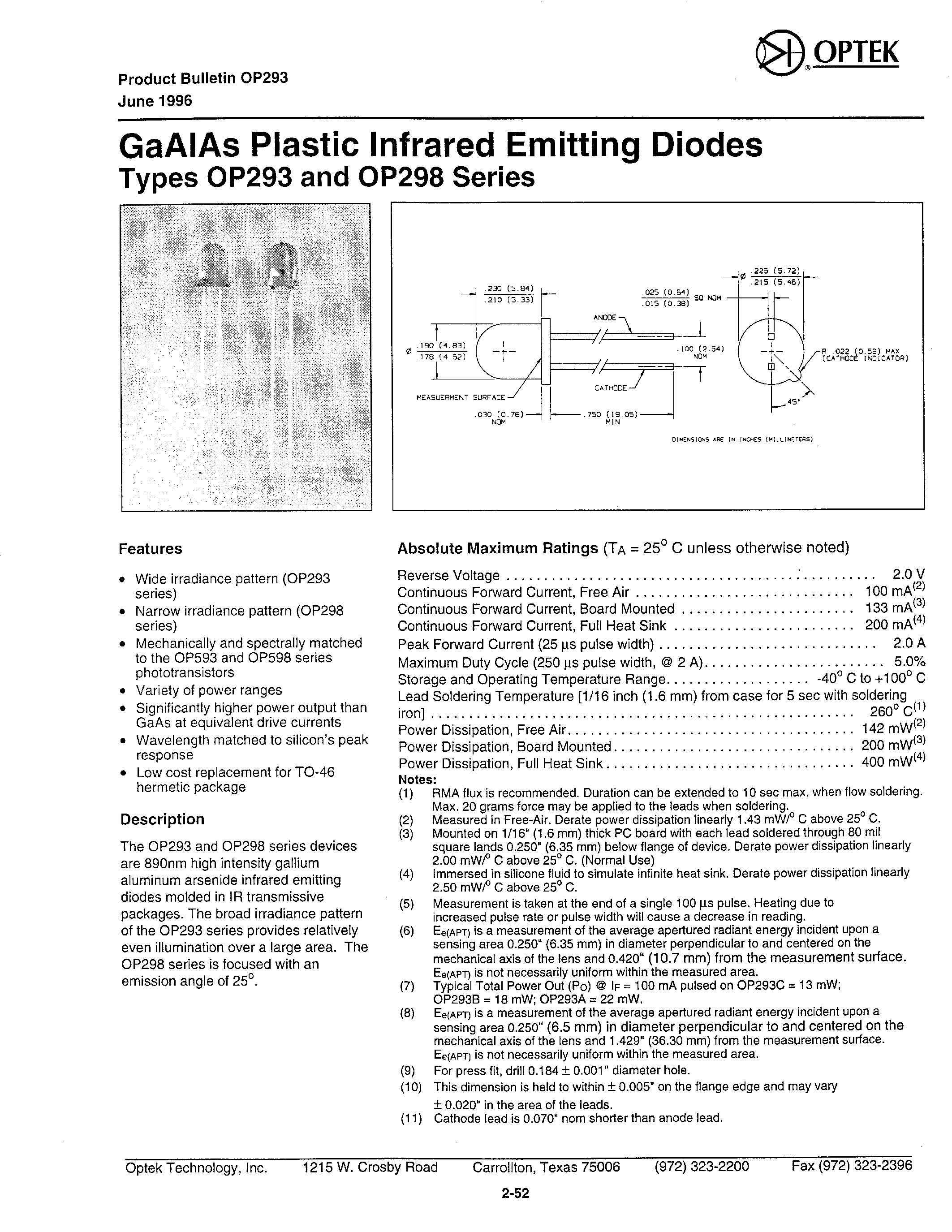 Datasheet OP293 - (OP293 / OP298) GaAlAs Plastic Infrared Emitting Diodes page 1