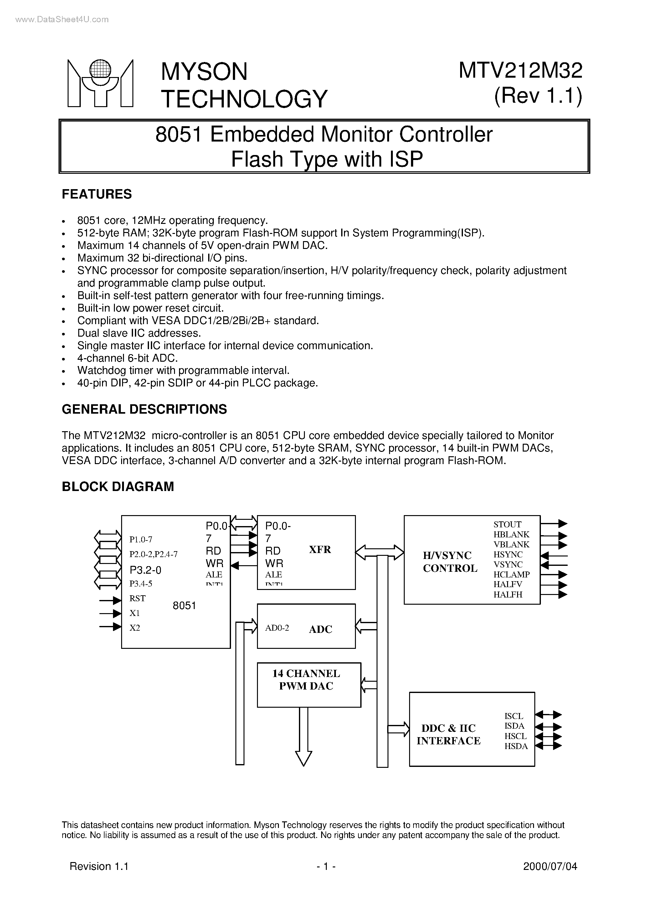 Datasheet MTV212M32 - 8051 Embedded Monitor Controller Flash Type page 1