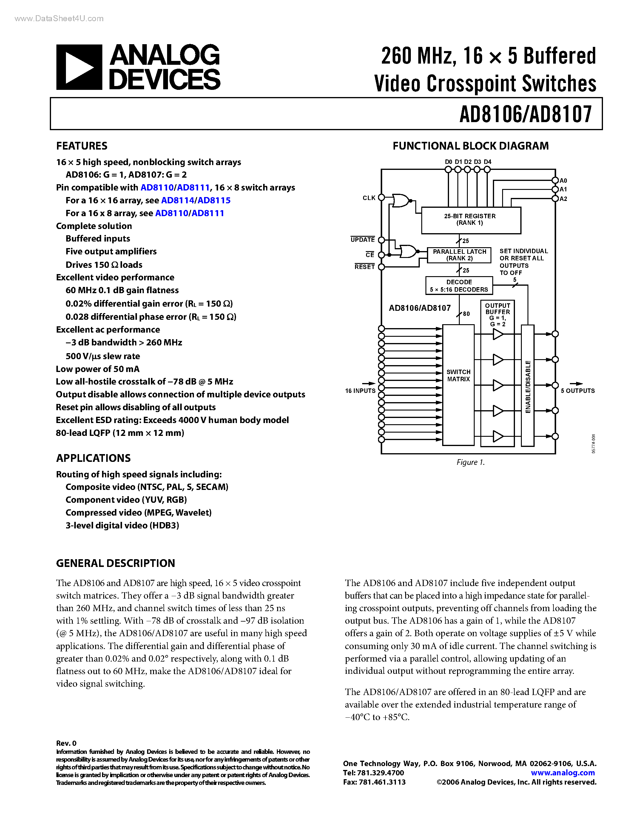 Datasheet AD8106 - (AD8106 / AD8107) 16 x 5 Buffered Video Crosspoint Switches page 1