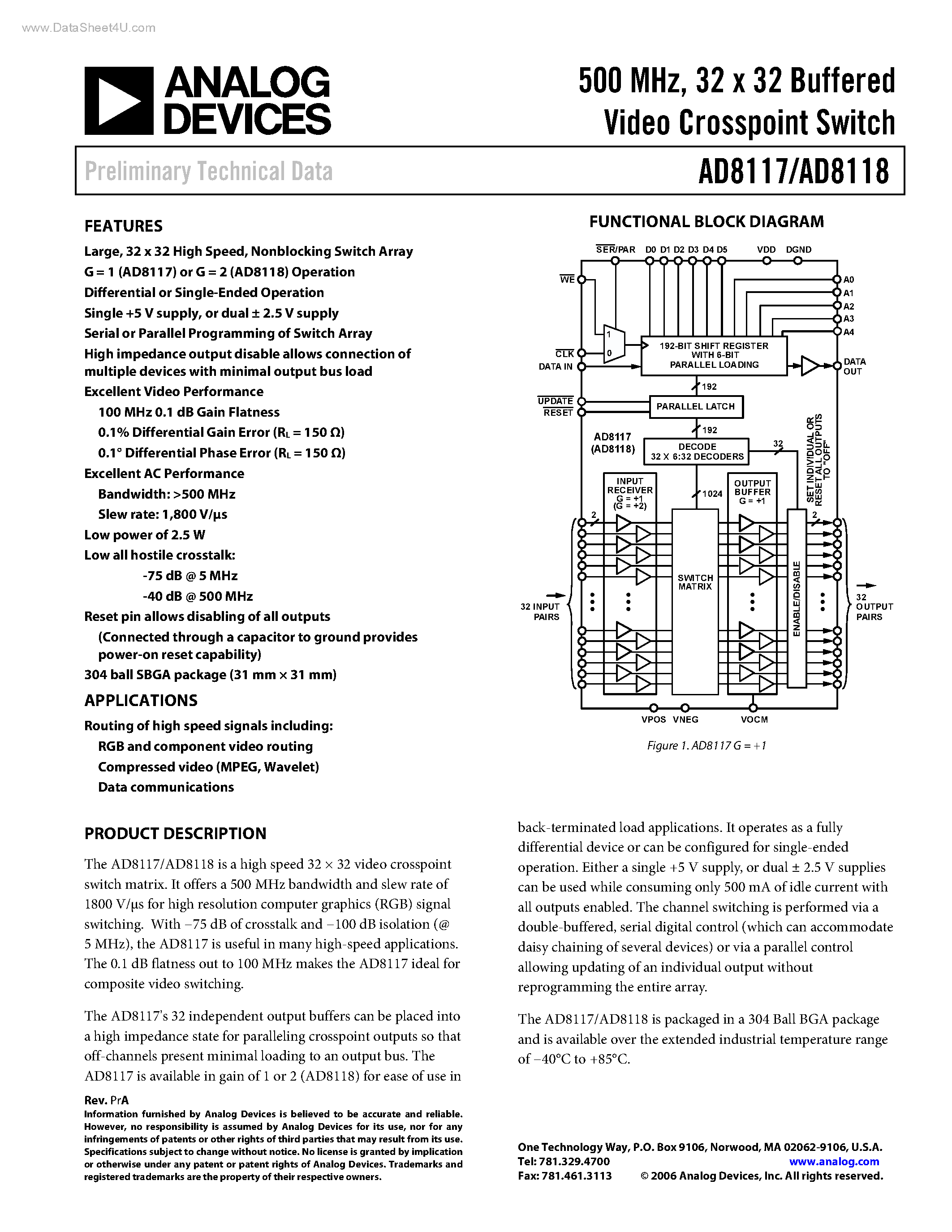 Даташит AD8117 - (AD8117 / AD8118) Video Crosspoint Switch Video Crosspoint Switch страница 1