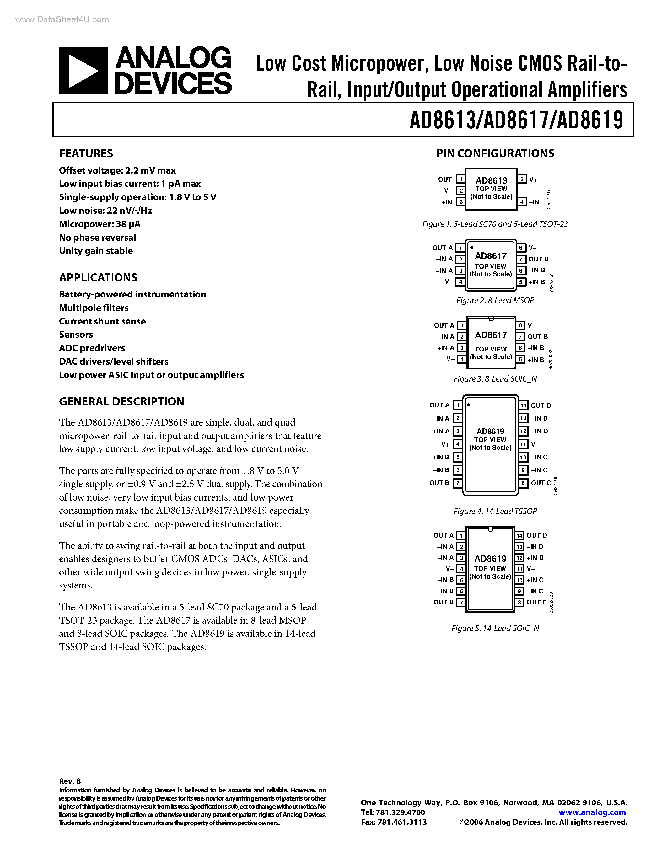 Даташит AD8613 - (AD8613 - AD8619) Input/Output Operational Amplifiers страница 1