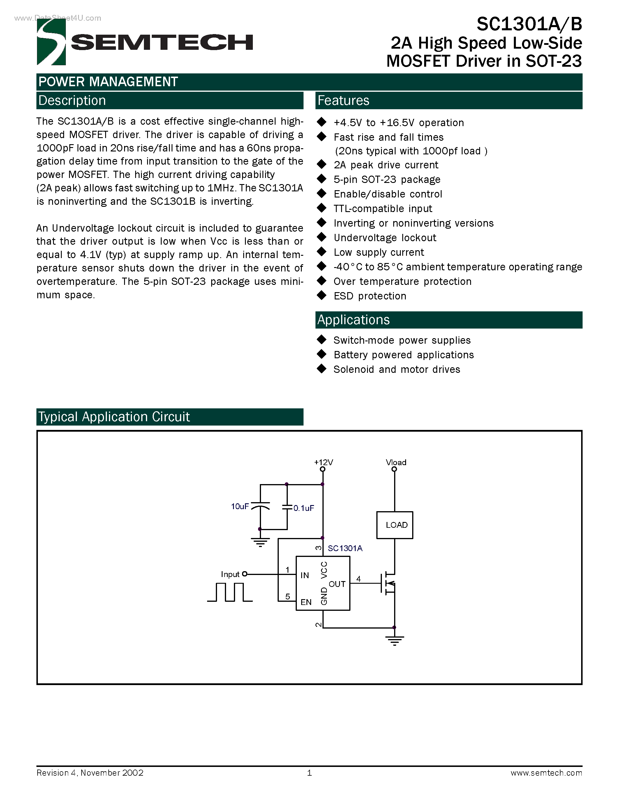 Datasheet SC1301A - (SC1301A/B) High Speed Low-Side MOSFET Driver page 1