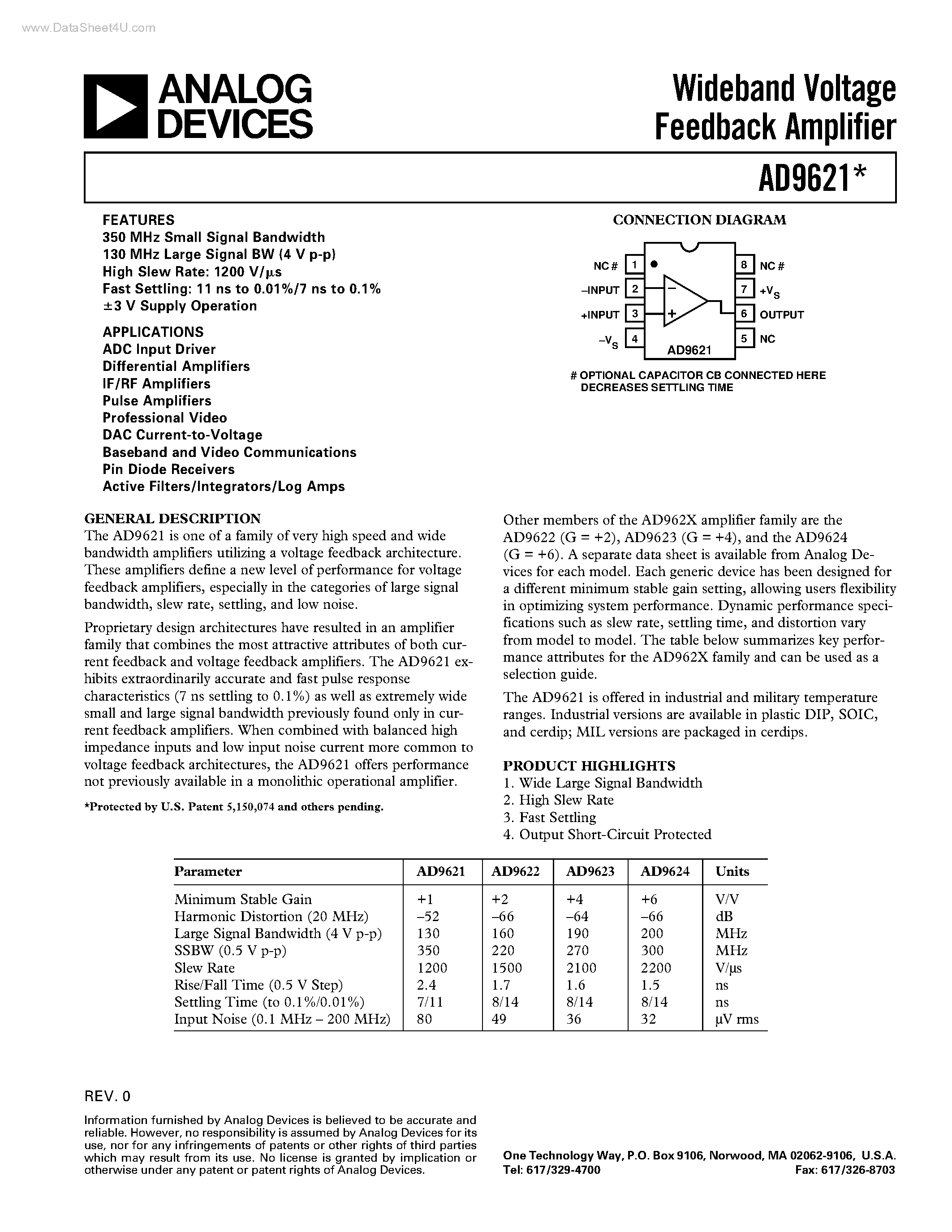 Даташит AD9621 - (AD9621 - AD9624) Wideband Voltage Feedback Amplifier страница 1