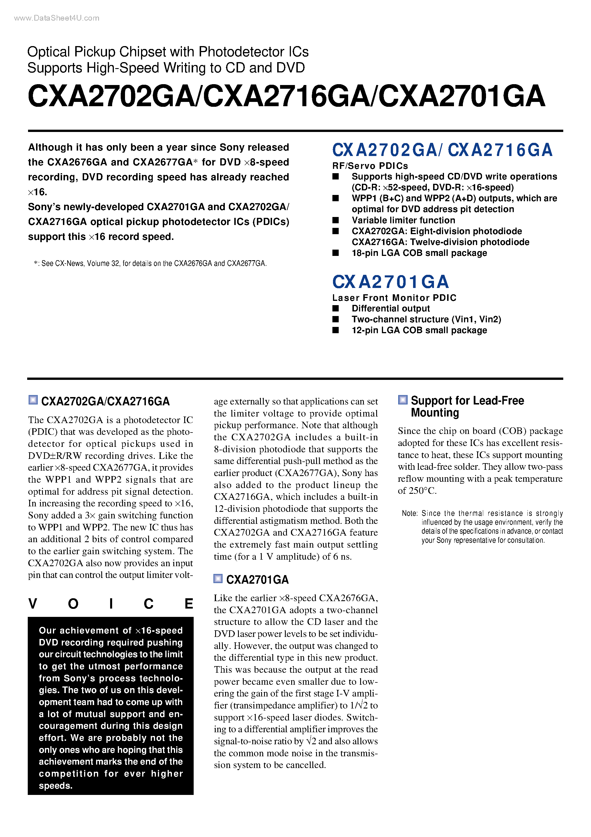 Datasheet CXA2701GA - (CXA27xxGA) Optical Pickup Chipset page 1