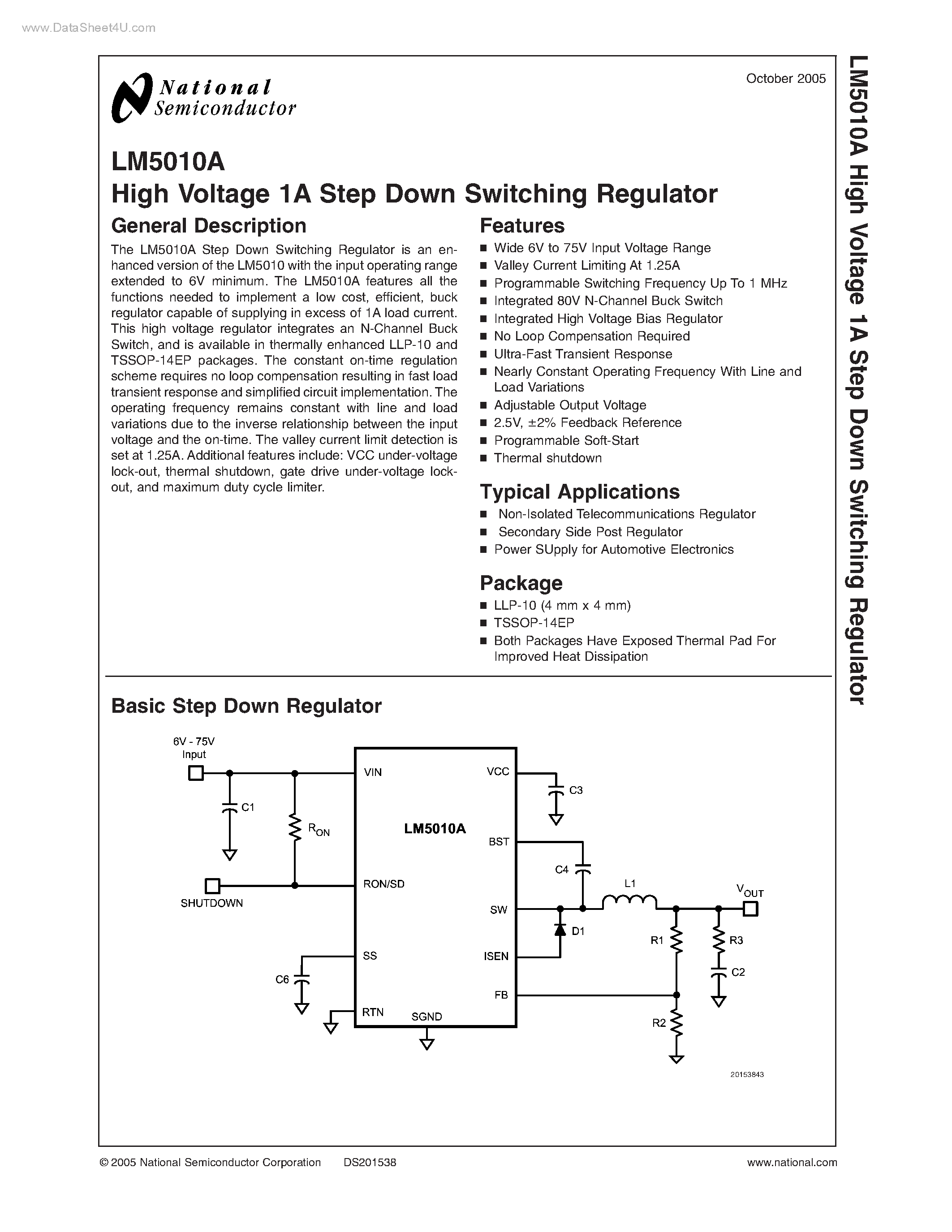 Даташит LM5010A - High Voltage 1A Step Down Switching Regulator страница 1