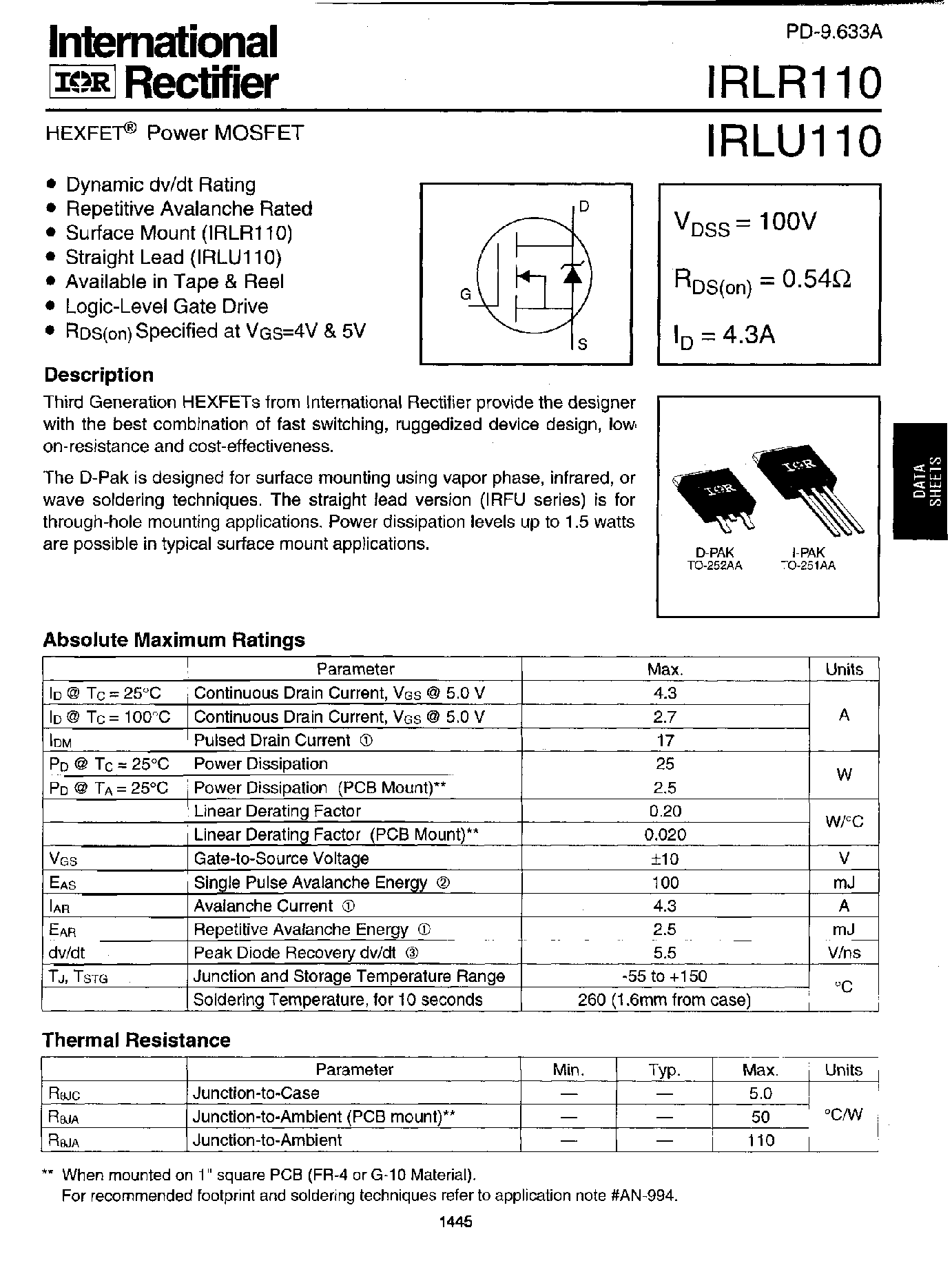 Datasheet IRLR110 - (IRLR110 / IRLU110) POWER MOSFET page 1