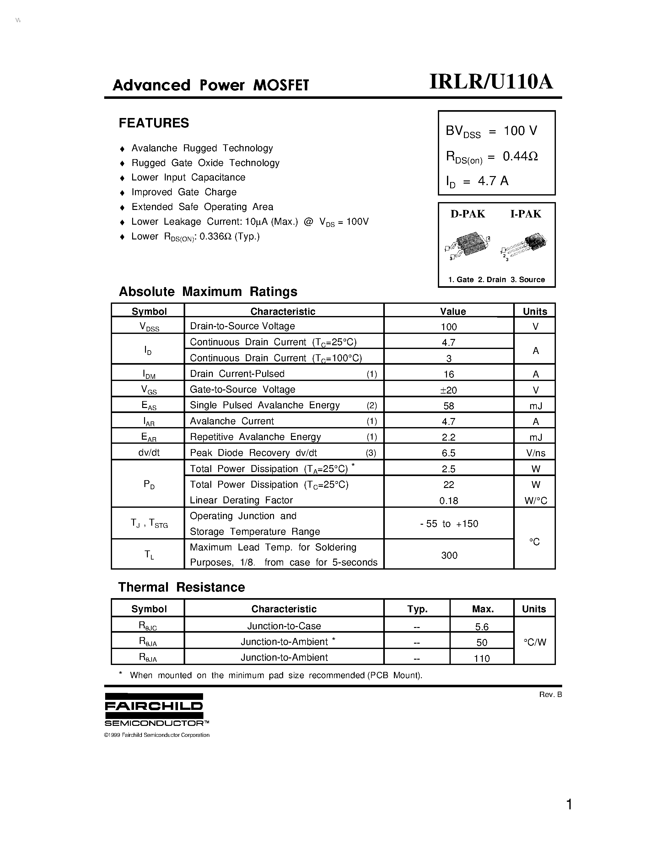 Datasheet IRLR110A - (IRLR110A / IRLU110A) Advanced Power MOSFET page 1