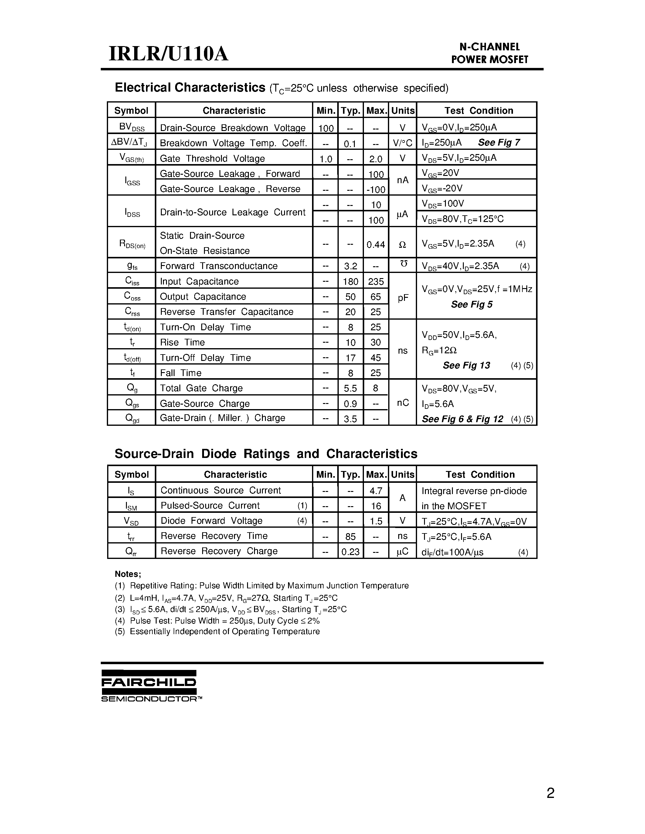 Datasheet IRLR110A - (IRLR110A / IRLU110A) Advanced Power MOSFET page 2
