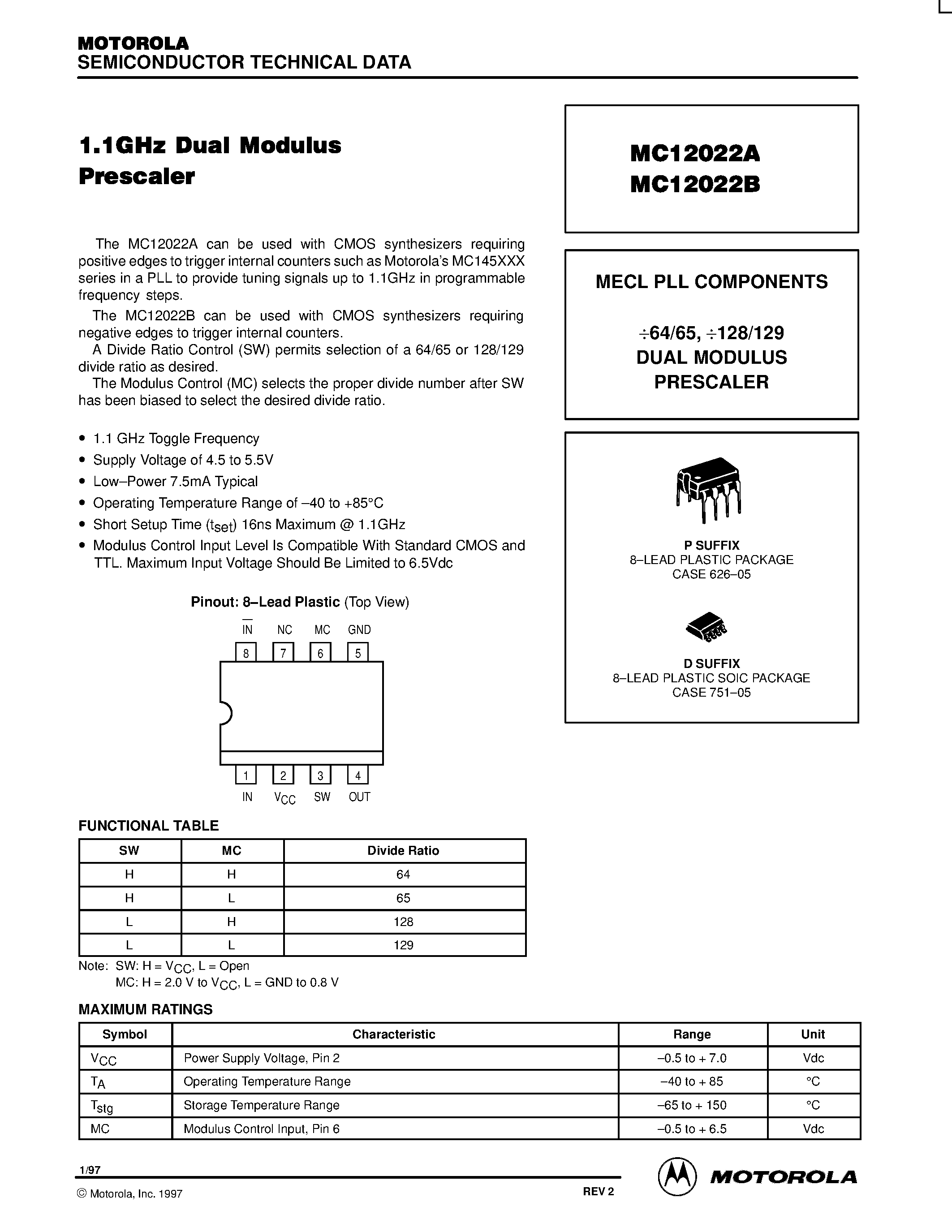Даташит MC12022A - (MC12022A / MC12022B) Dual Modulus Prescaler страница 1