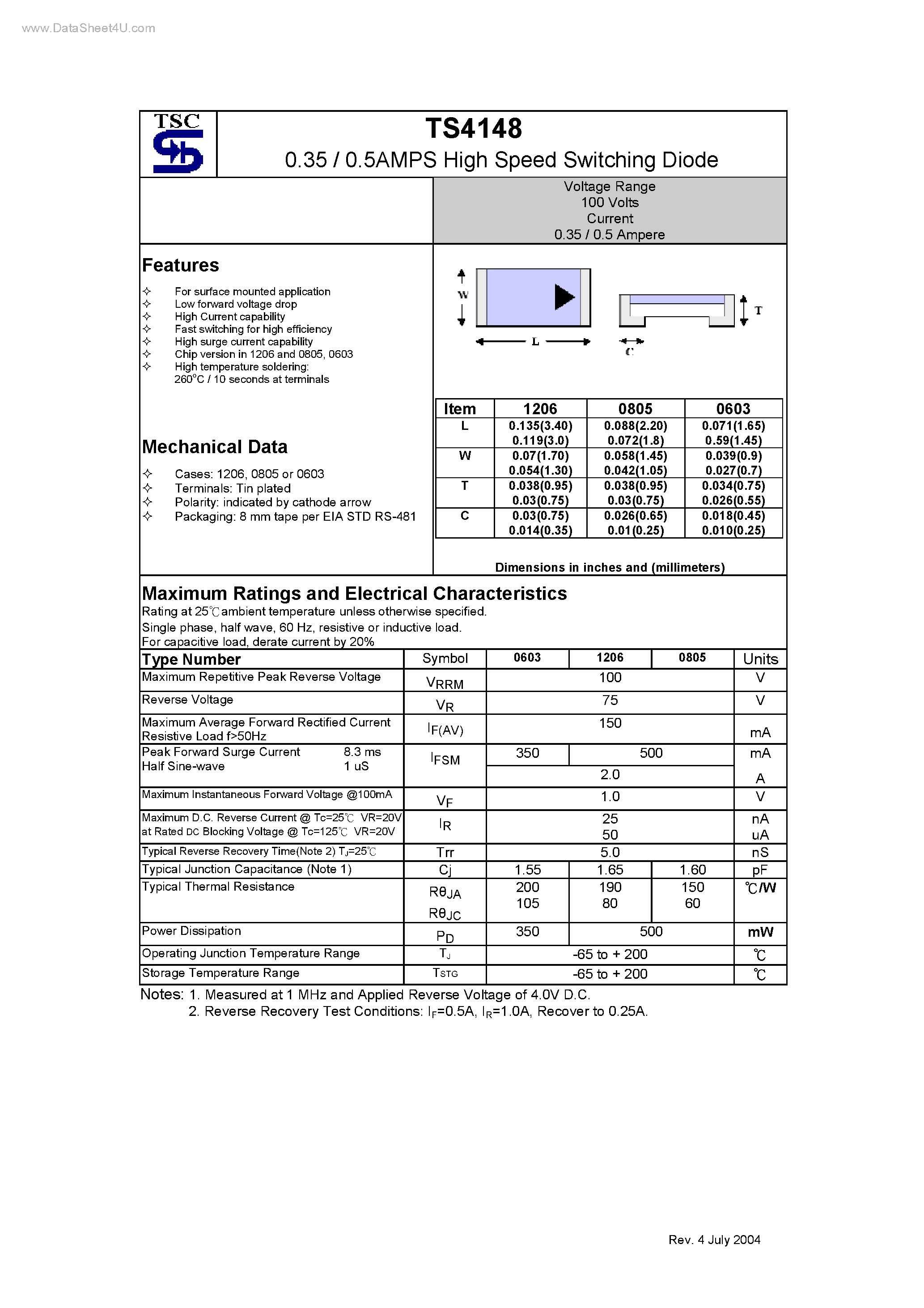 Datasheet TS4148 - High Speed Switching Diode page 1