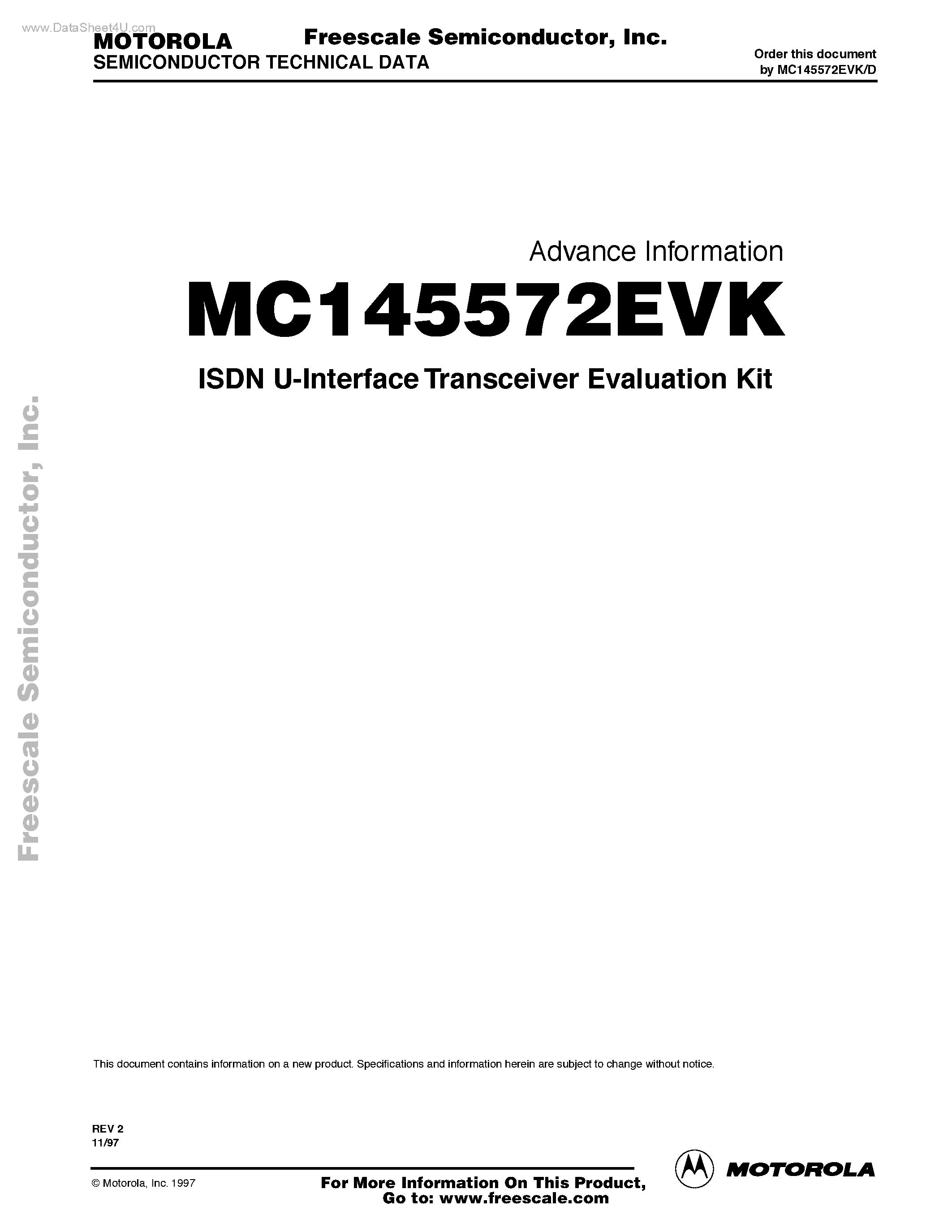 Datasheet MC145572EVK - ISDN U-Interface Transceiver Evaluation Kit page 1