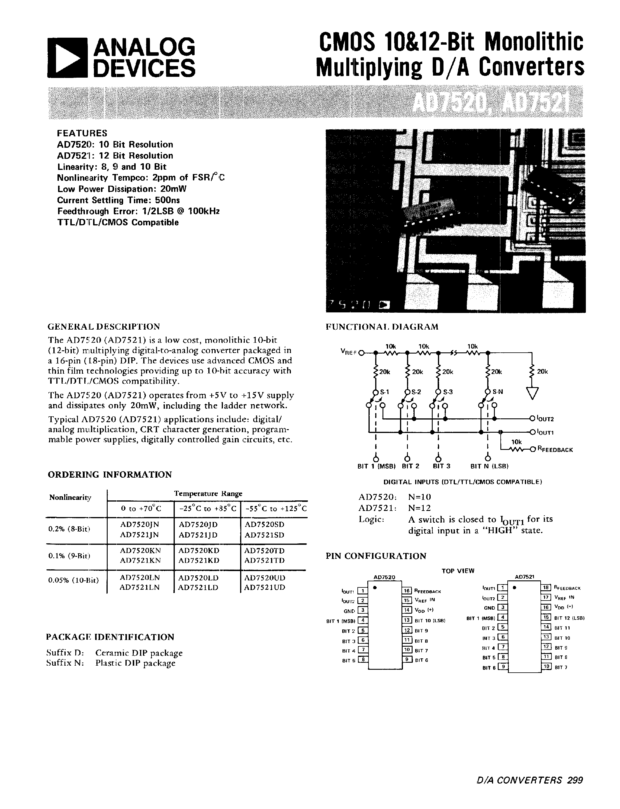 Datasheet AD7520 - (AD7520 / AD7521) Monolithic Multiplying D/A Converters page 1