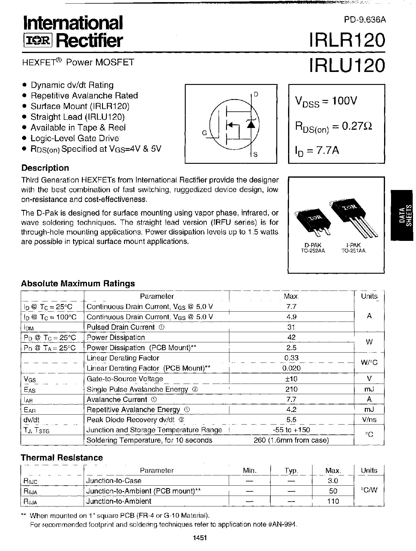 Даташит IRLR120 - (IRLR120 / IRLU120) HEXFET Power MOSFET страница 1