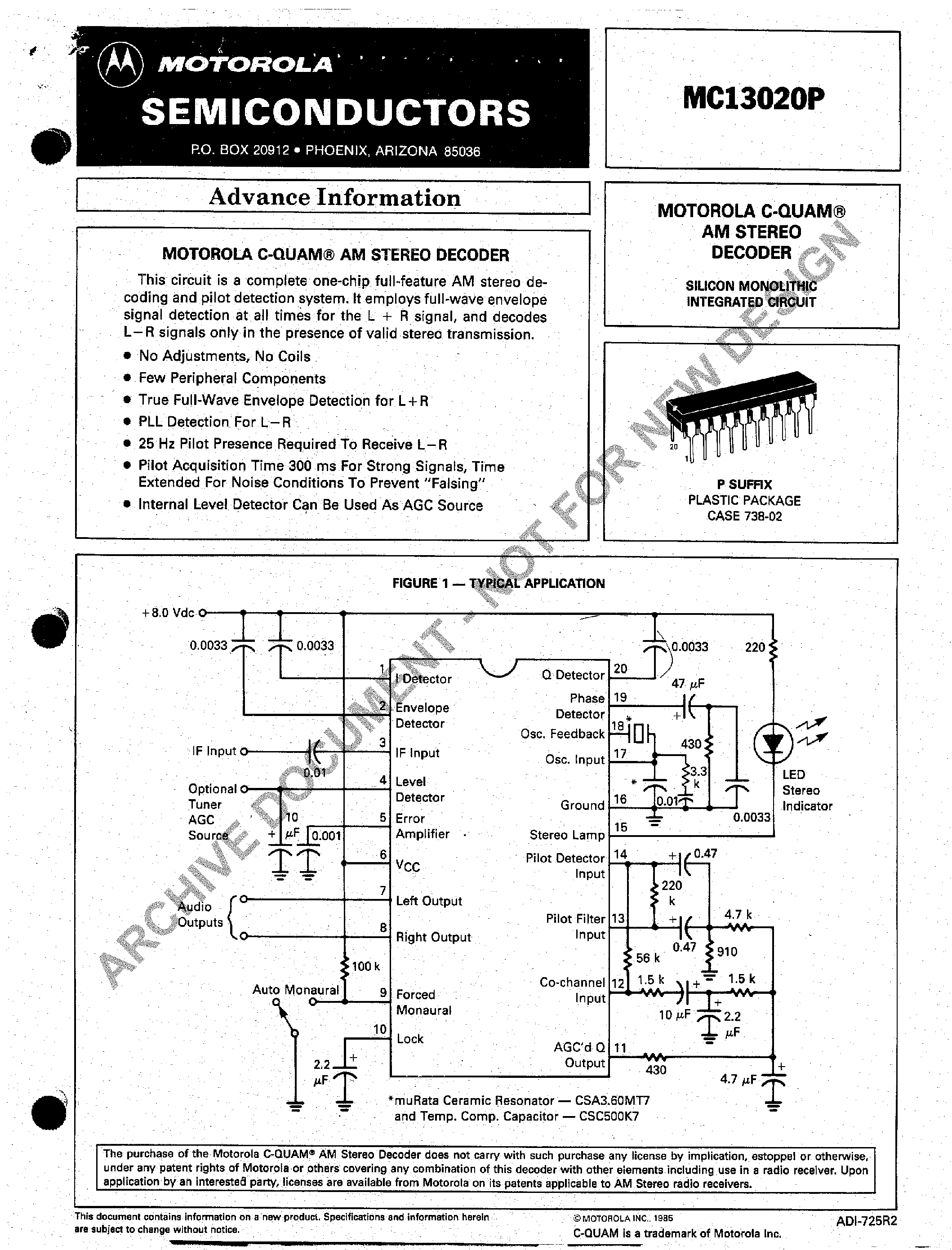 Datasheet MC13020P - MOTOROLA C-QUAM AM STEREO DECODER page 1