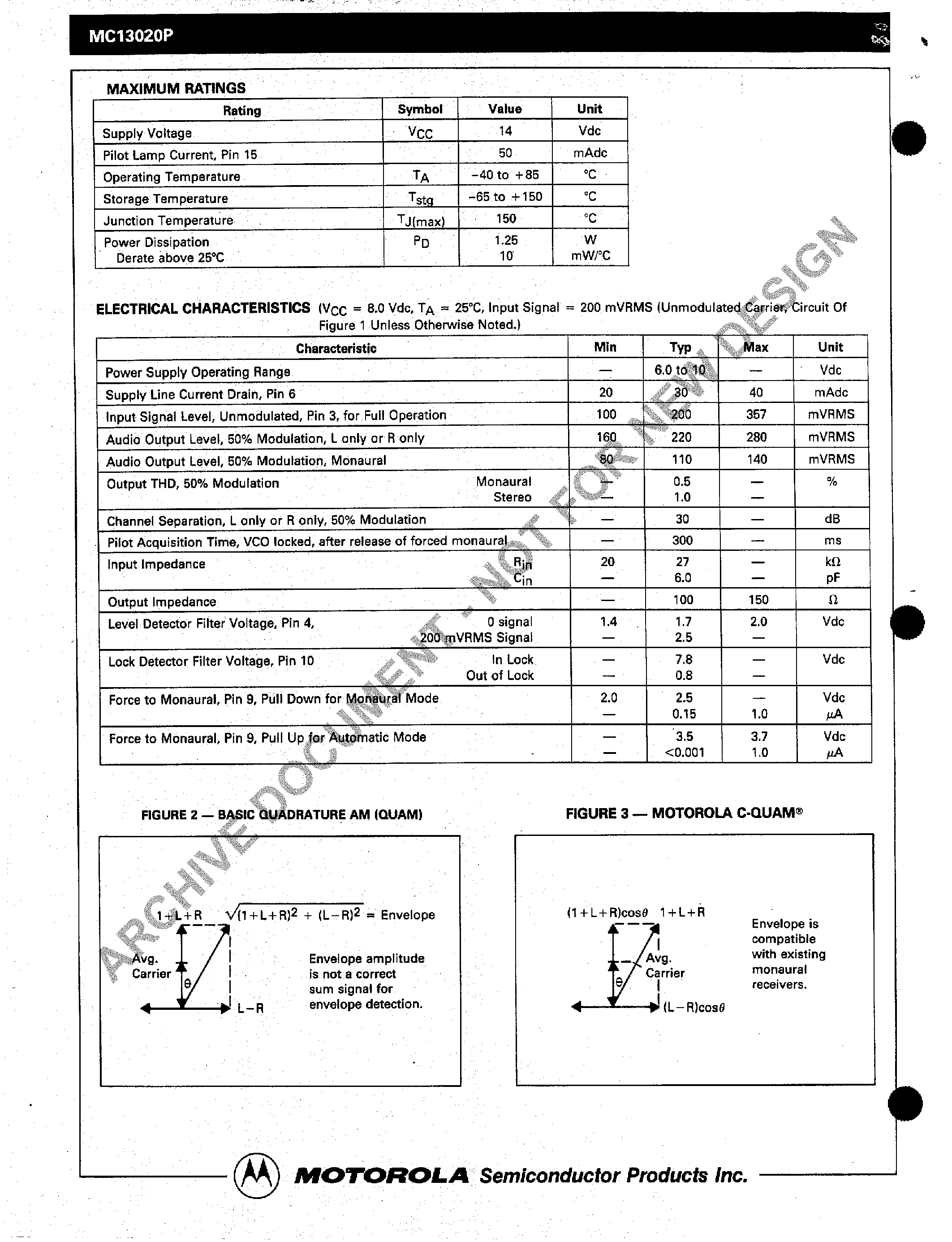 Datasheet MC13020P - MOTOROLA C-QUAM AM STEREO DECODER page 2