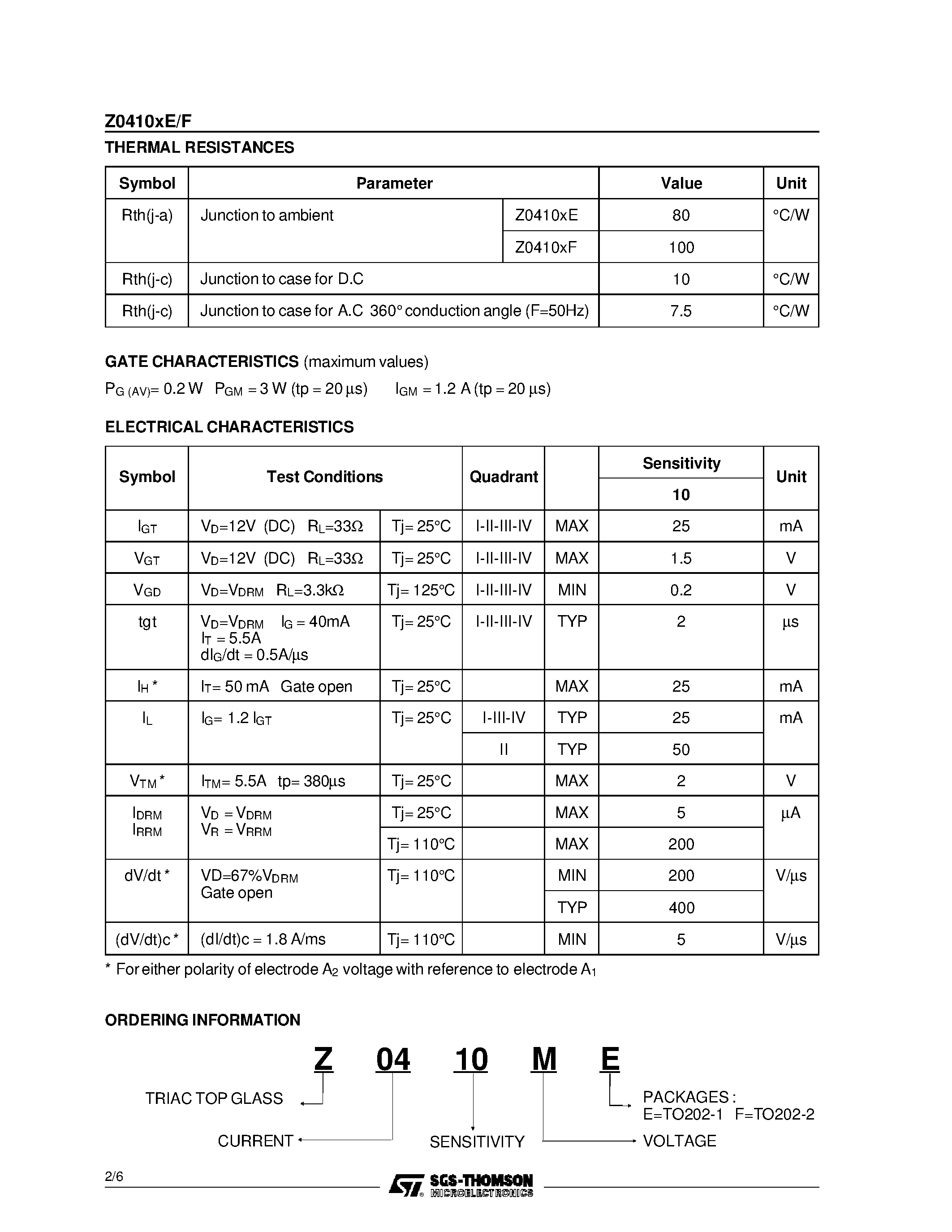 Datasheet Z0410xE - STANDARD TRIACS page 2