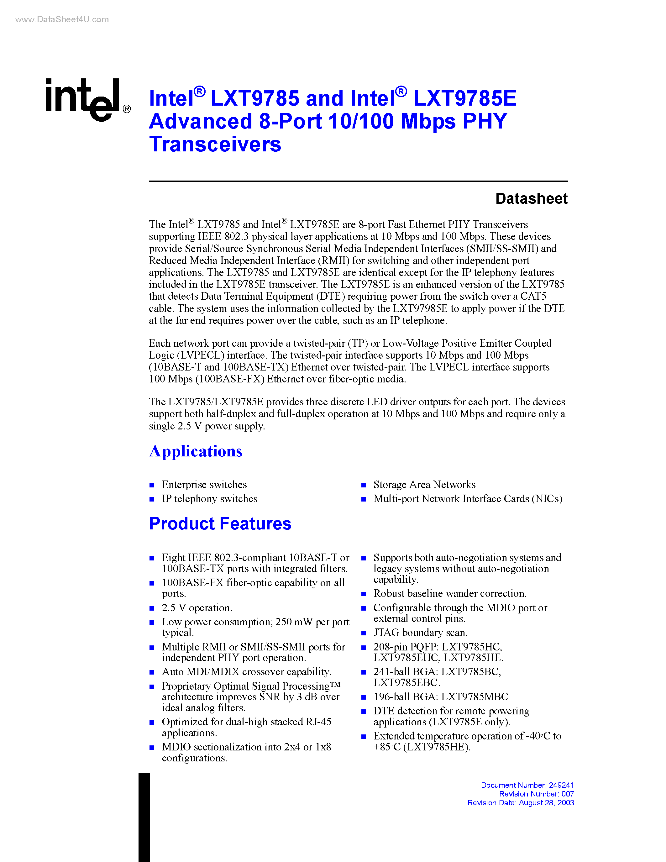 Даташит LXT9785 - Advanced 8-Port 10/100 Mbps PHY Transceivers страница 1