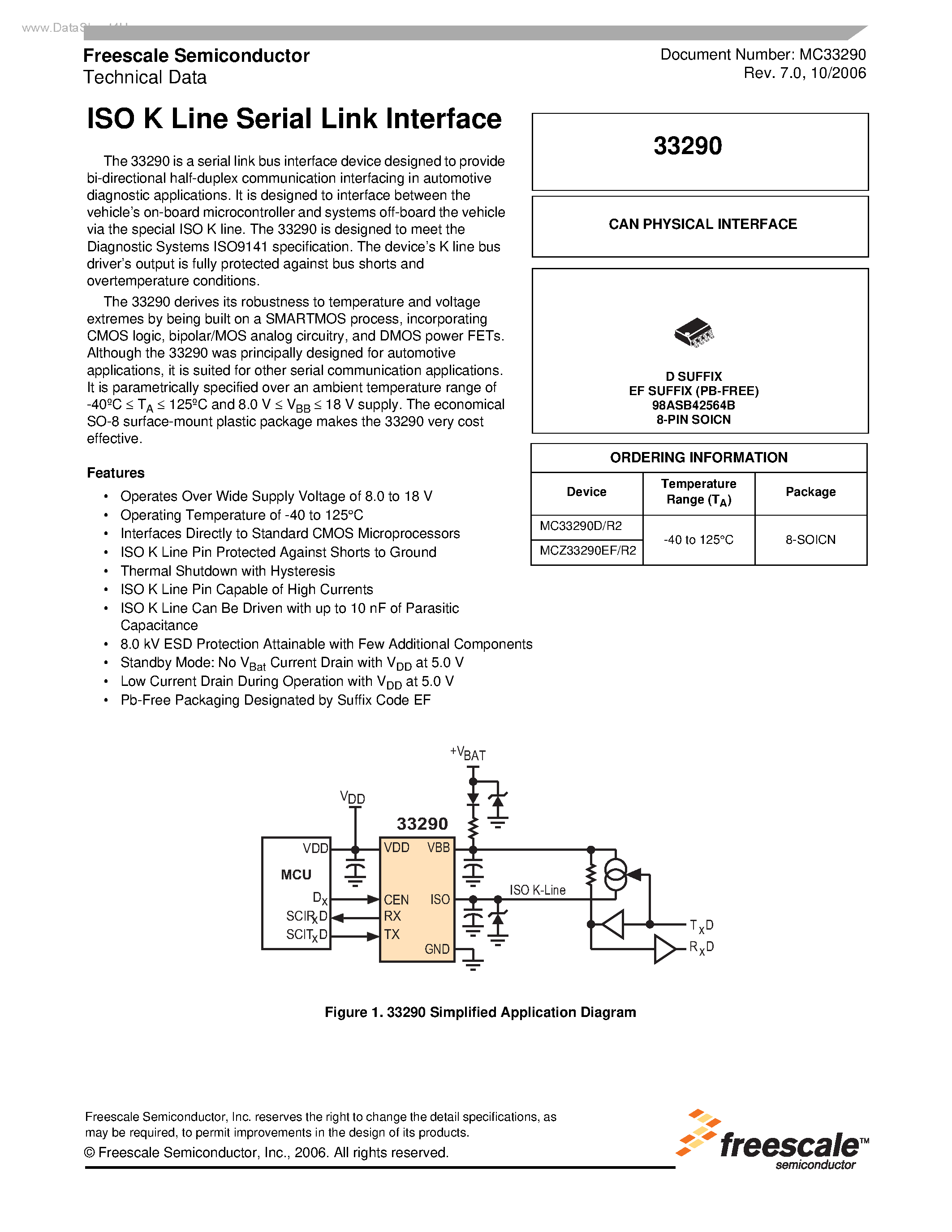 Datasheet MCZ33290 - ISO K Line Serial Link Interface page 1