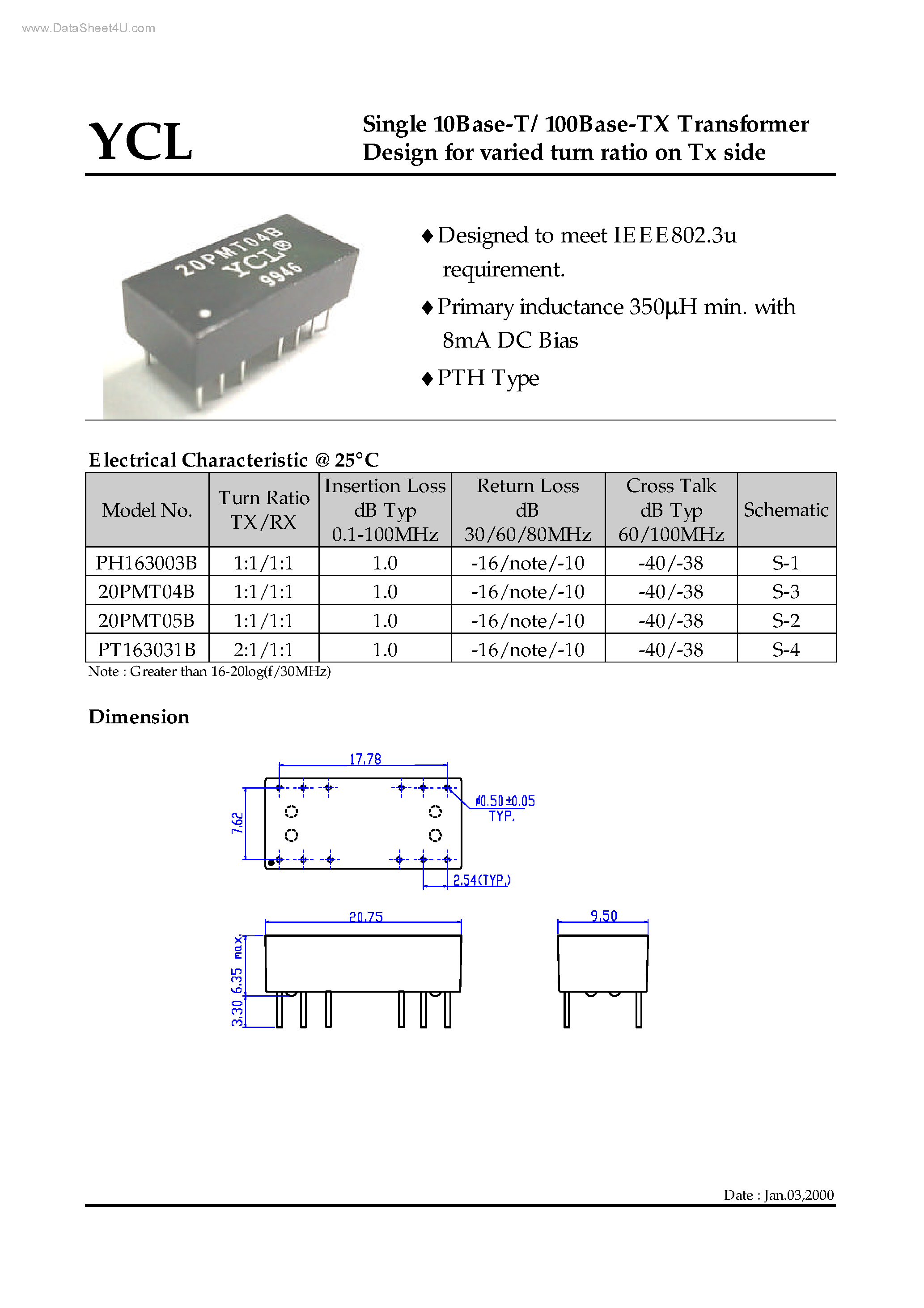 Datasheet PH163003B - Single 10Base-T/100Base-TX Transformer Design page 1