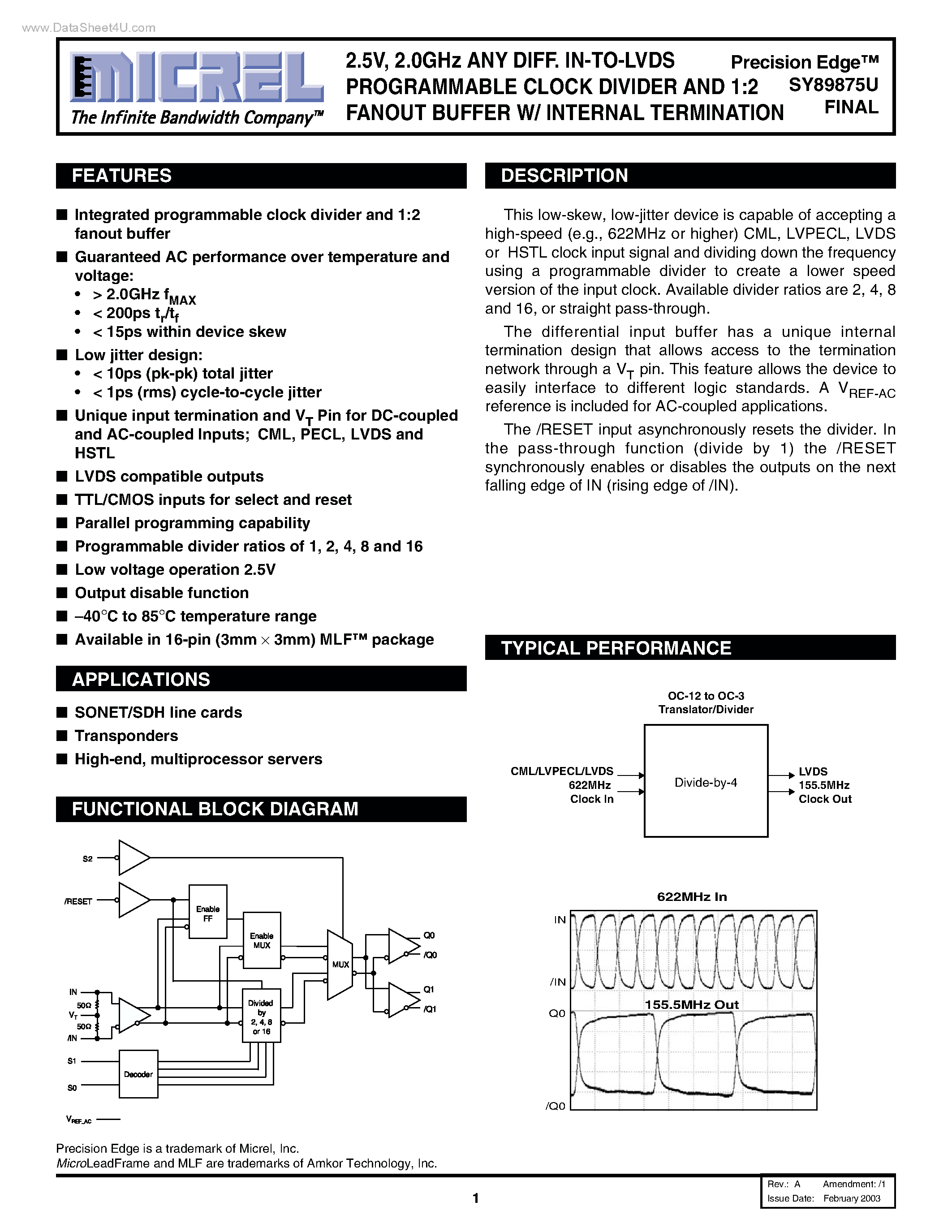 Datasheet SY89875U - IN-TO-LVDS PROGRAMMABLE CLOCK DIVIDER AND 1:2 FANOUT BUFFER W/ INTERNAL TERMINATION page 1