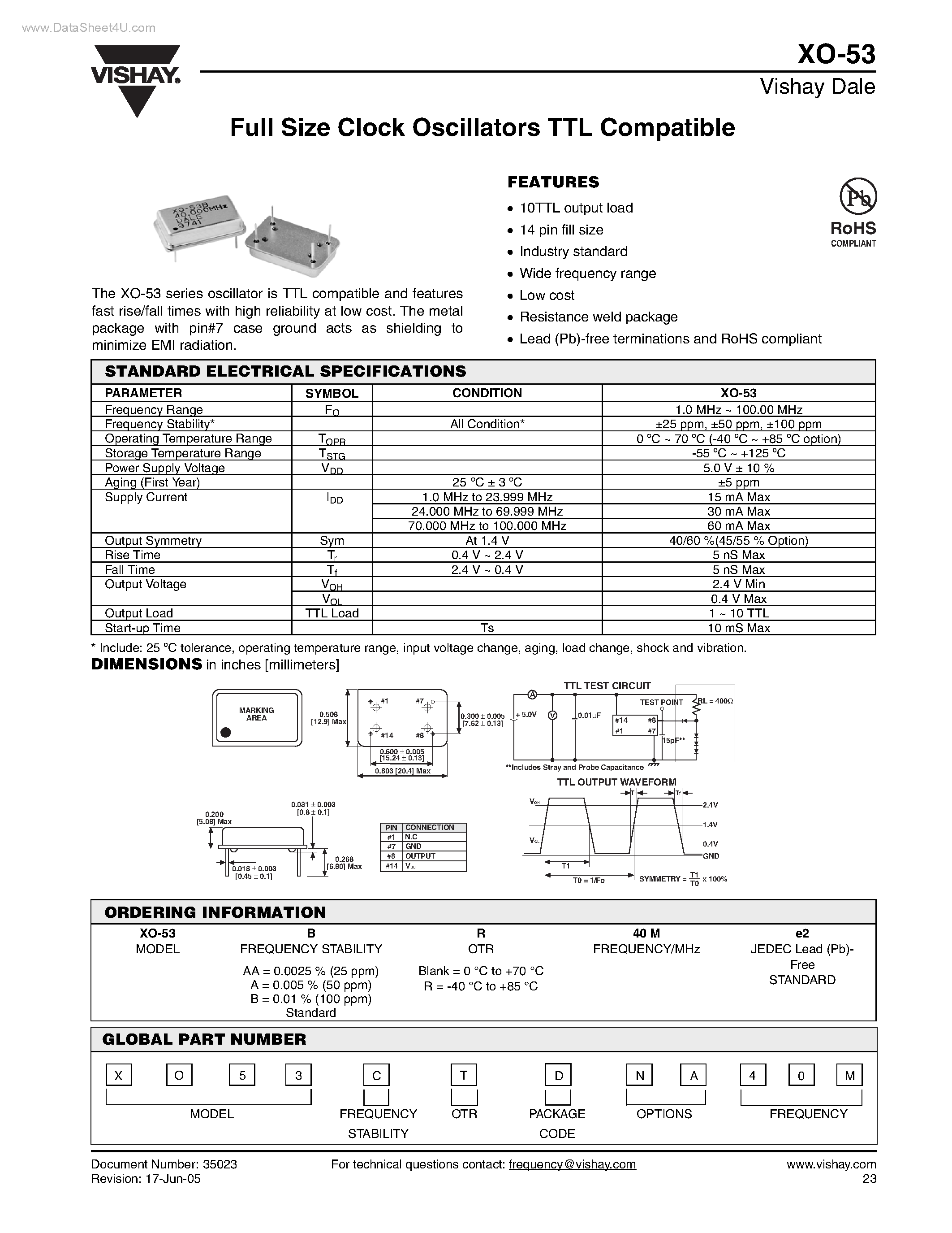 Datasheet XO-53 - Full Size Clock Oscillators TTL Compatible page 1