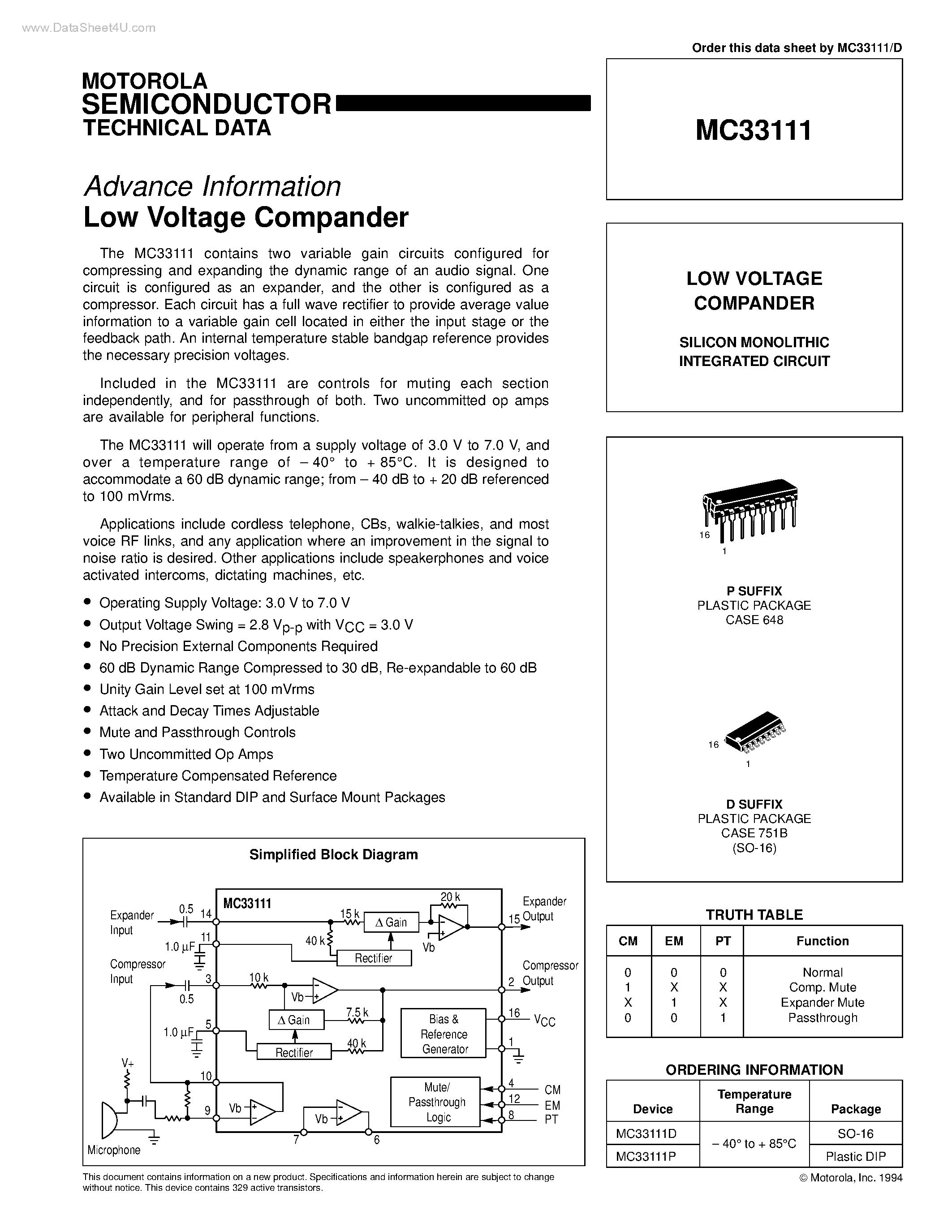 Даташит MC33111 - Low Voltage Compander страница 1