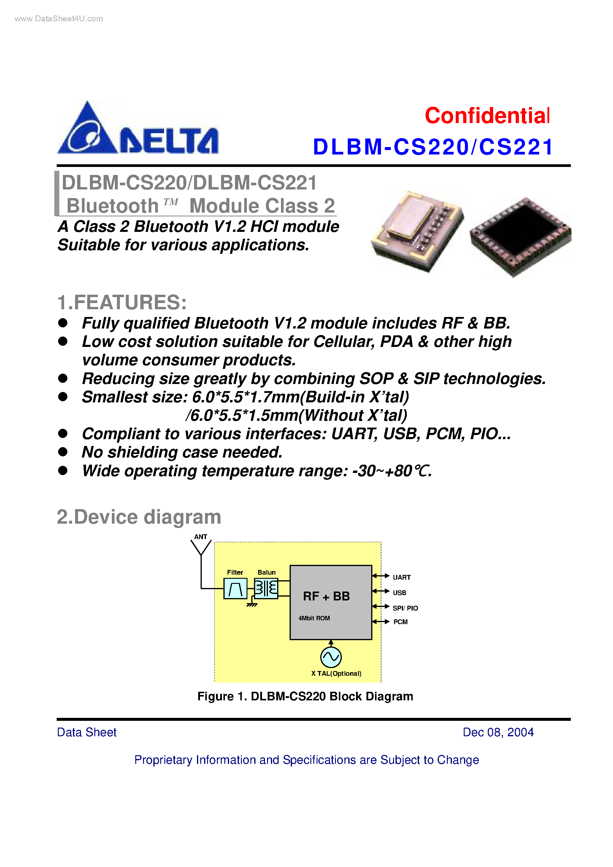Даташит DLBM-CS220 - (DLBM-CS220 / DLBM-CS221) A Class 2 Bluetooth V1.2 HCI module Suitable страница 1