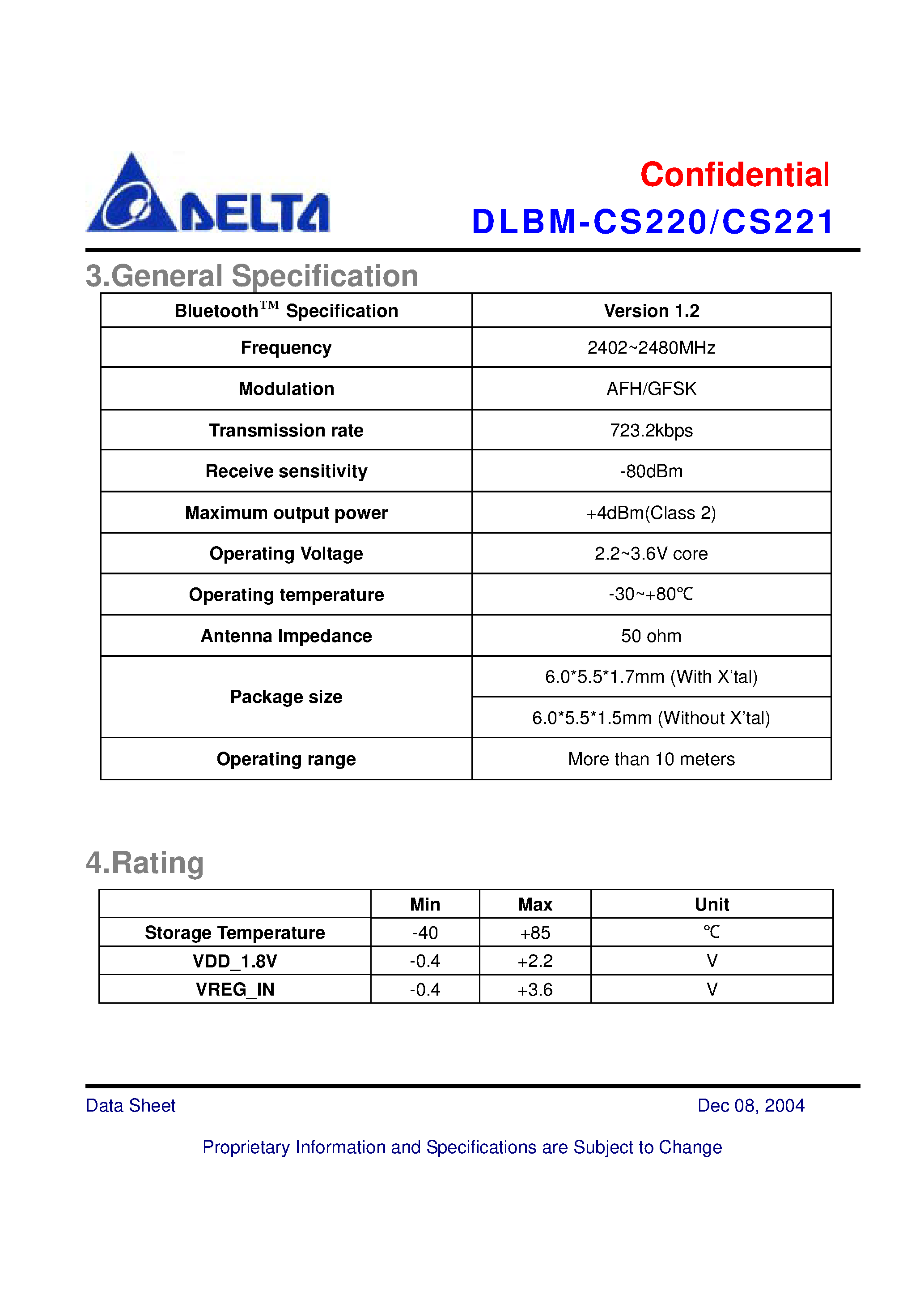 Даташит DLBM-CS220 - (DLBM-CS220 / DLBM-CS221) A Class 2 Bluetooth V1.2 HCI module Suitable страница 2