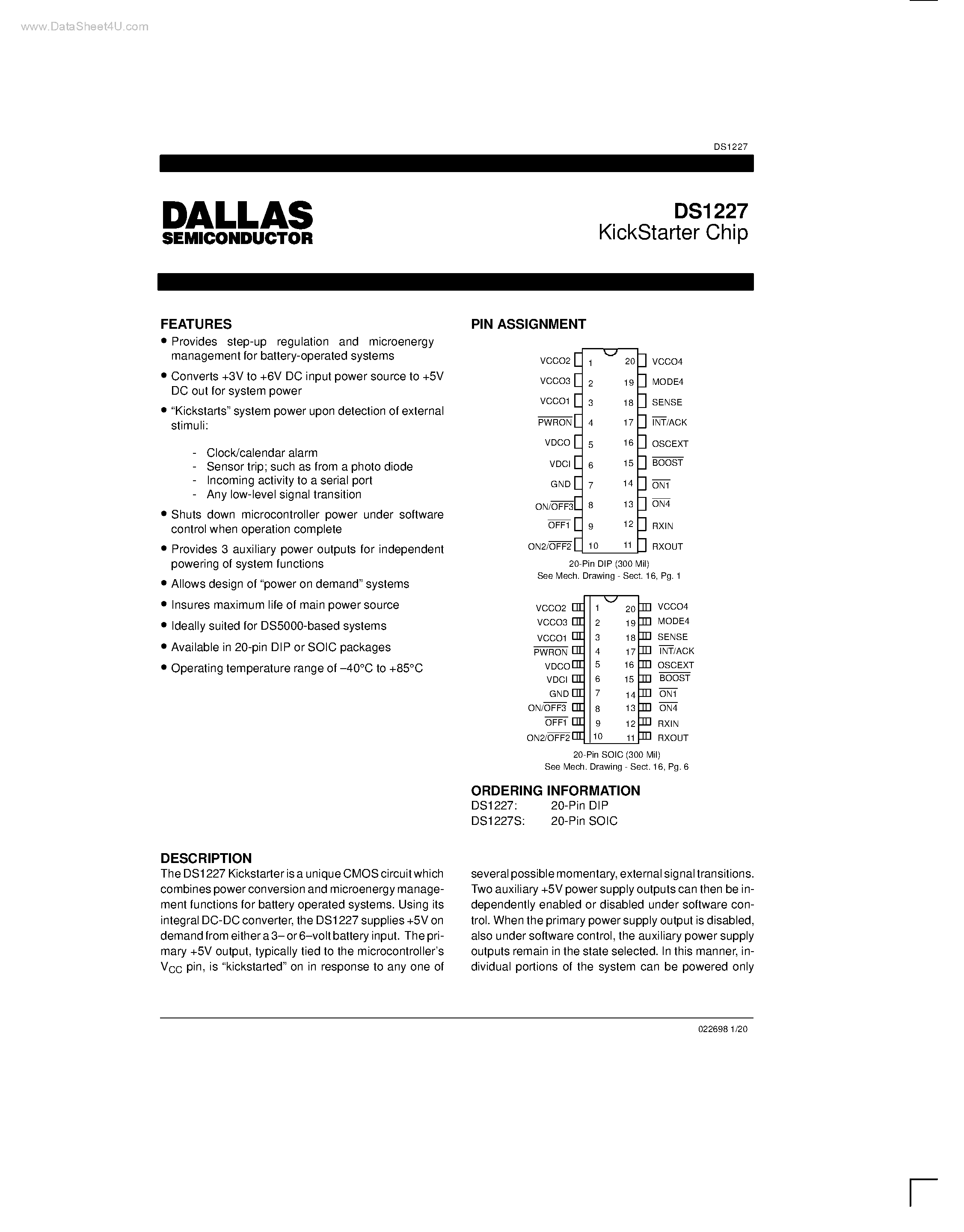 Datasheet DS1227 - KickStarter Chip page 1