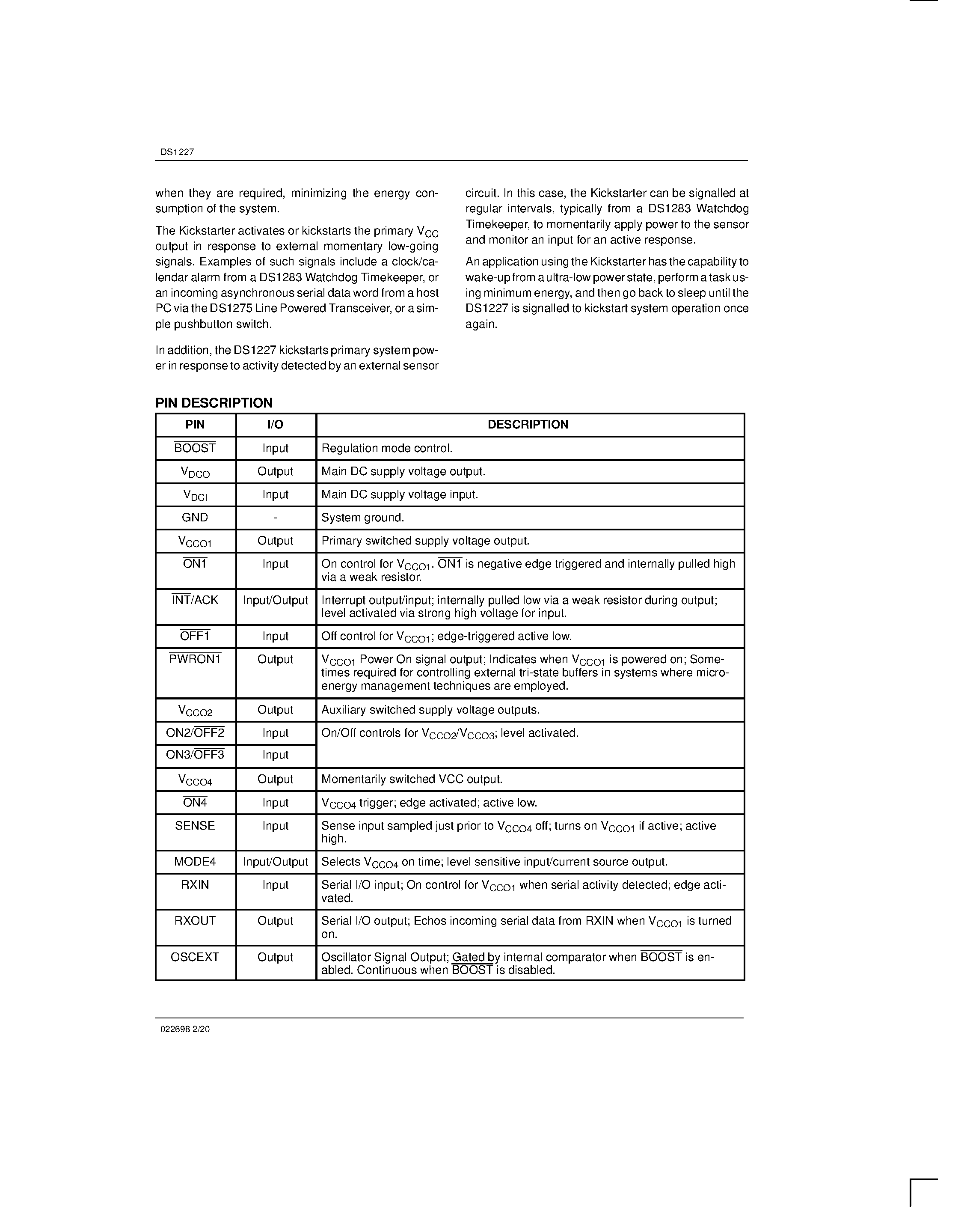 Datasheet DS1227 - KickStarter Chip page 2