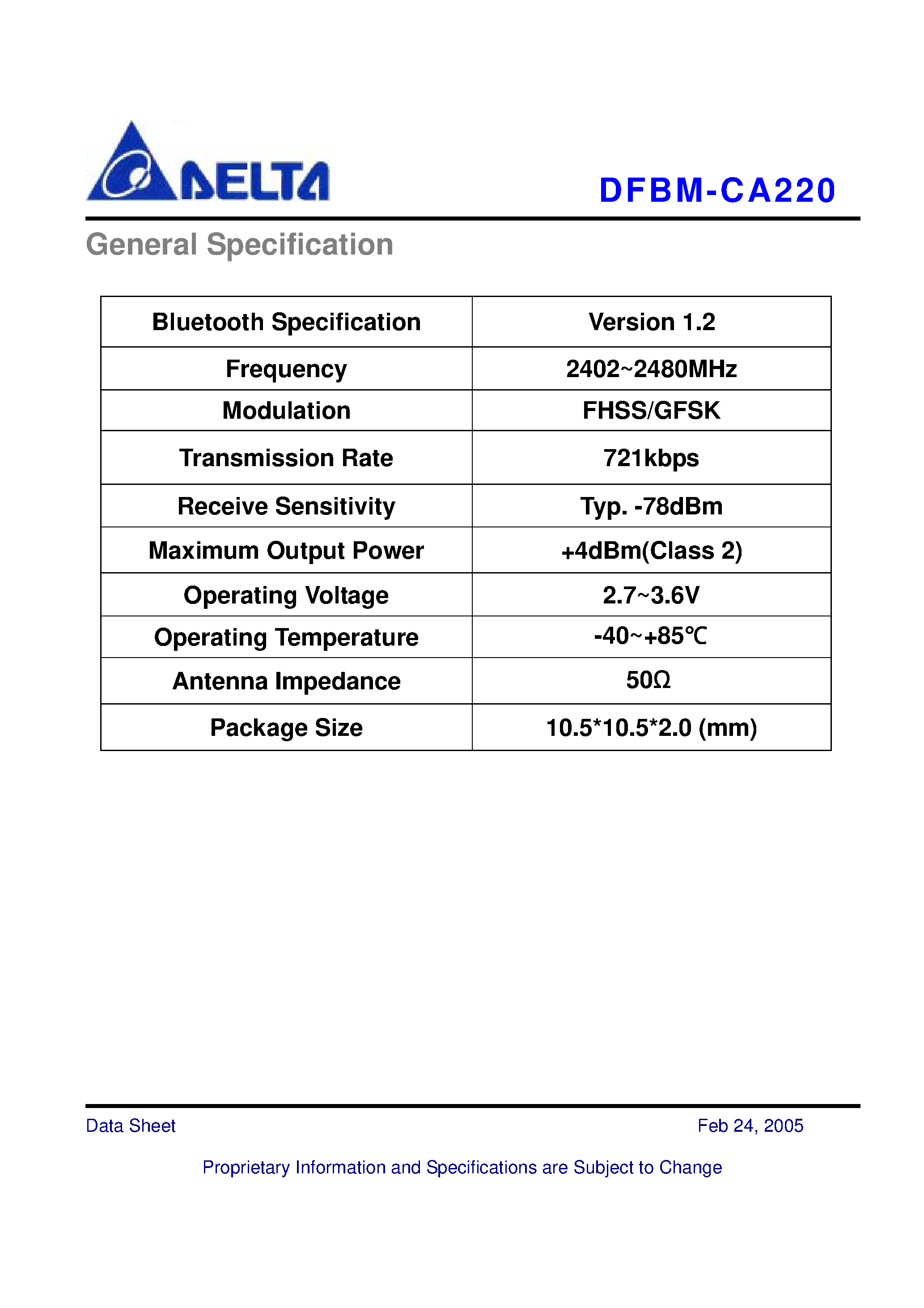 Datasheet DFBM-CA220 - Bluetooth Module Class2 page 2