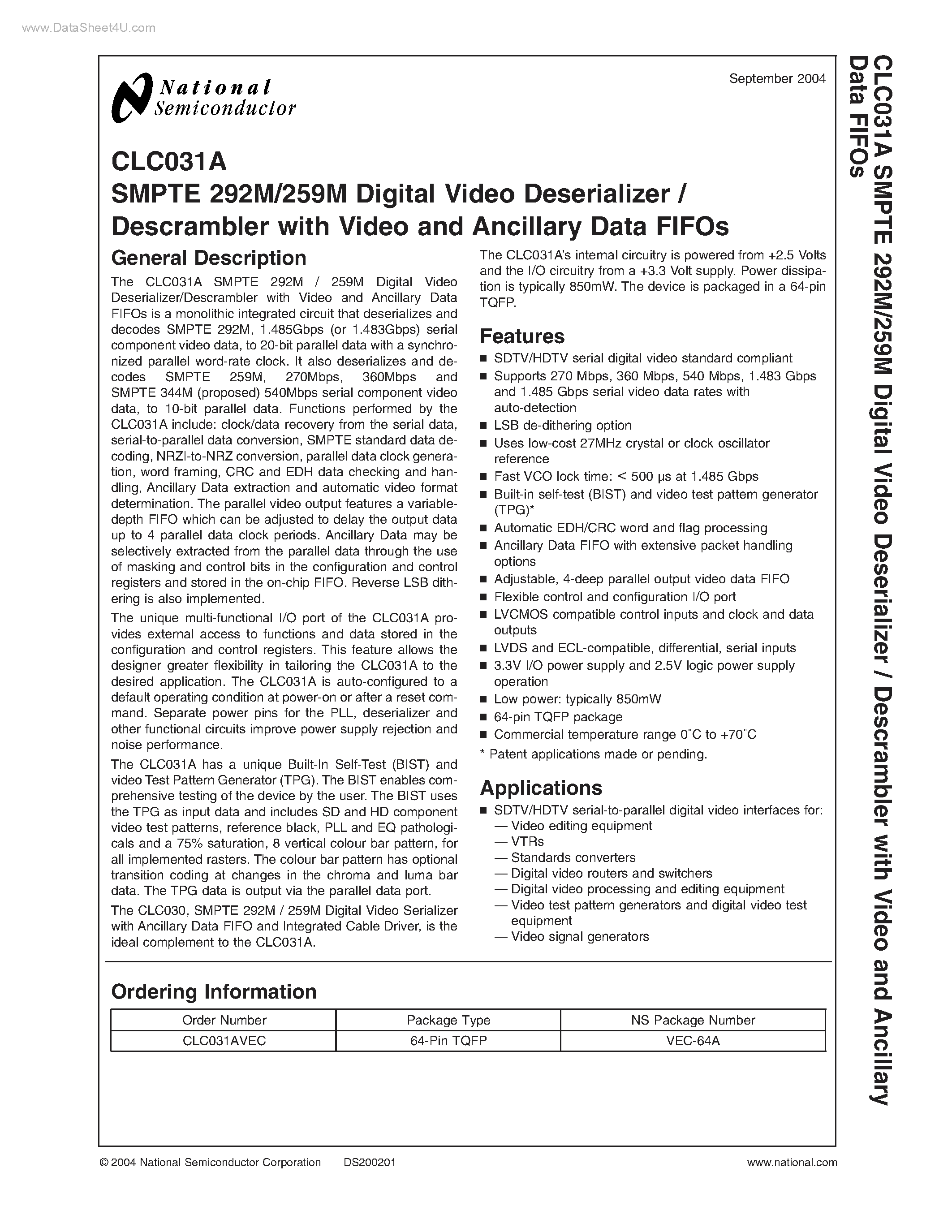 Даташит CLC031A - SMPTE 292M/259M Digital Video Deserializer / Descrambler страница 1