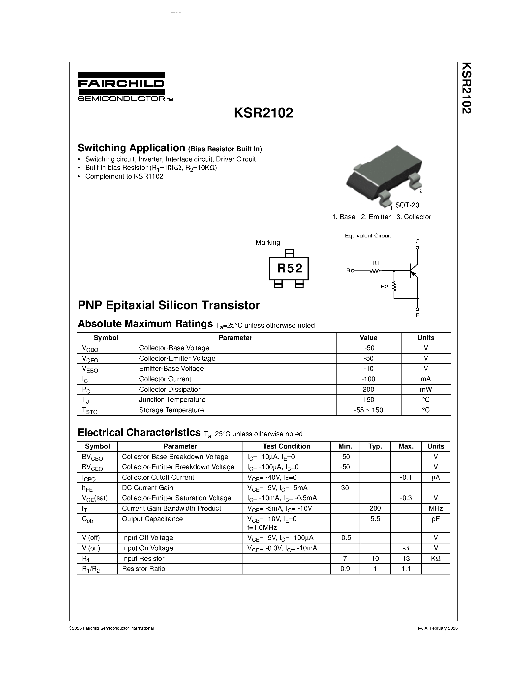 Даташит KSR2102 - PNP Epitaxial Silicon Transistor страница 1