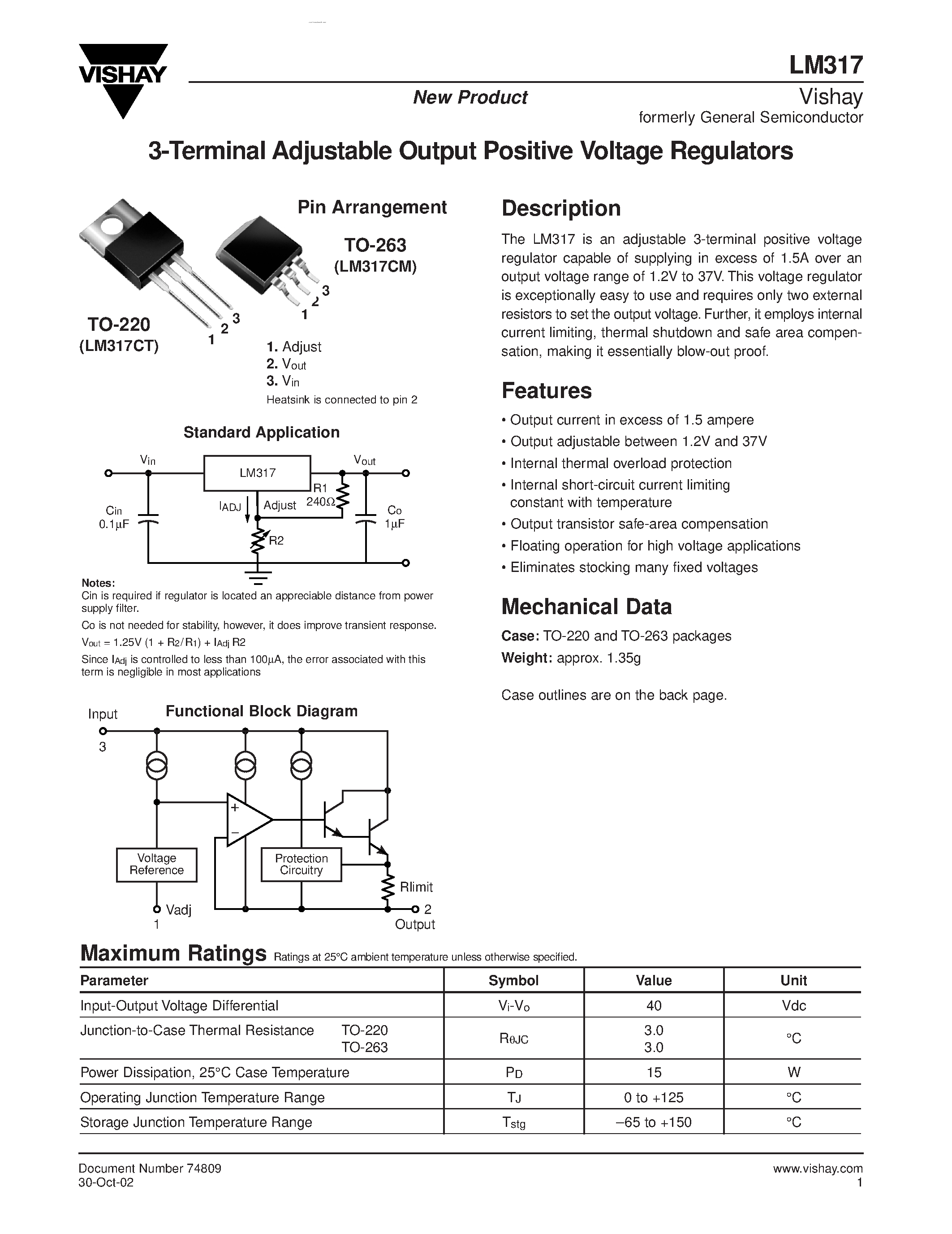 Datasheet LM317 - 3-Terminal Adjustable Output Positive Voltage Regulators page 1