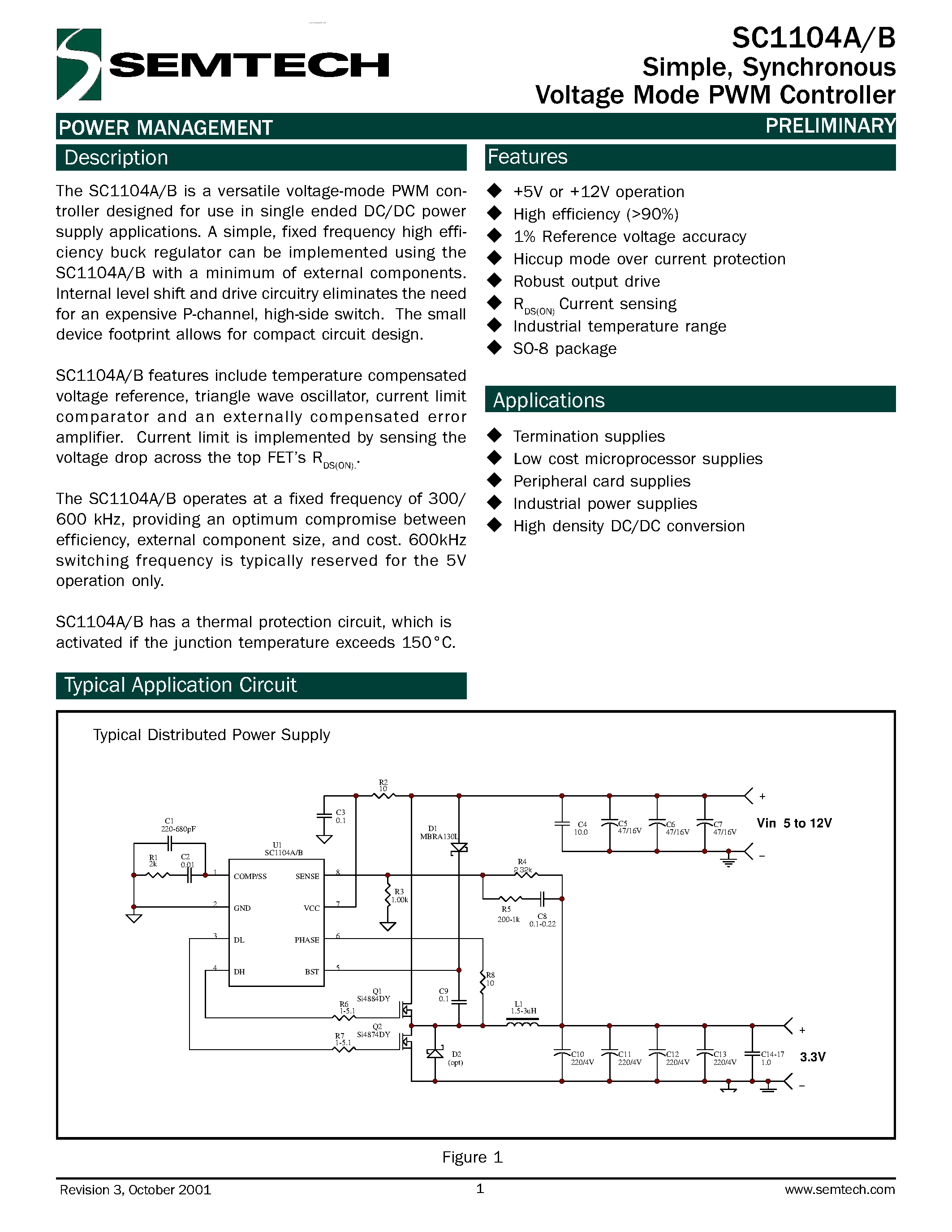 Datasheet SC1104A - (SC1104A/B) Synchronous Voltage Mode PWM Controller page 1