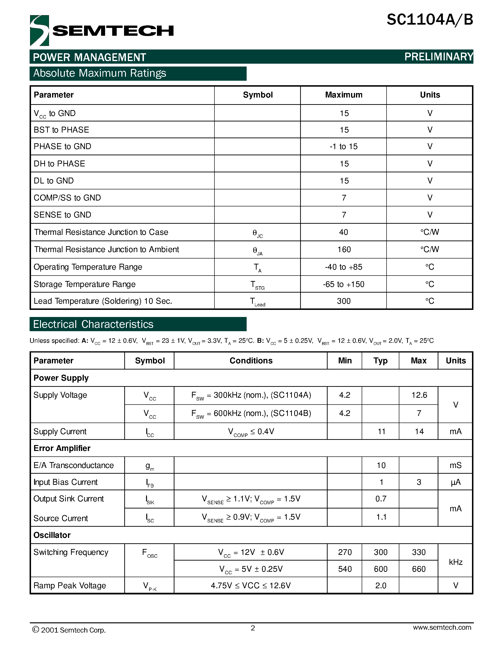 Datasheet SC1104A - (SC1104A/B) Synchronous Voltage Mode PWM Controller page 2