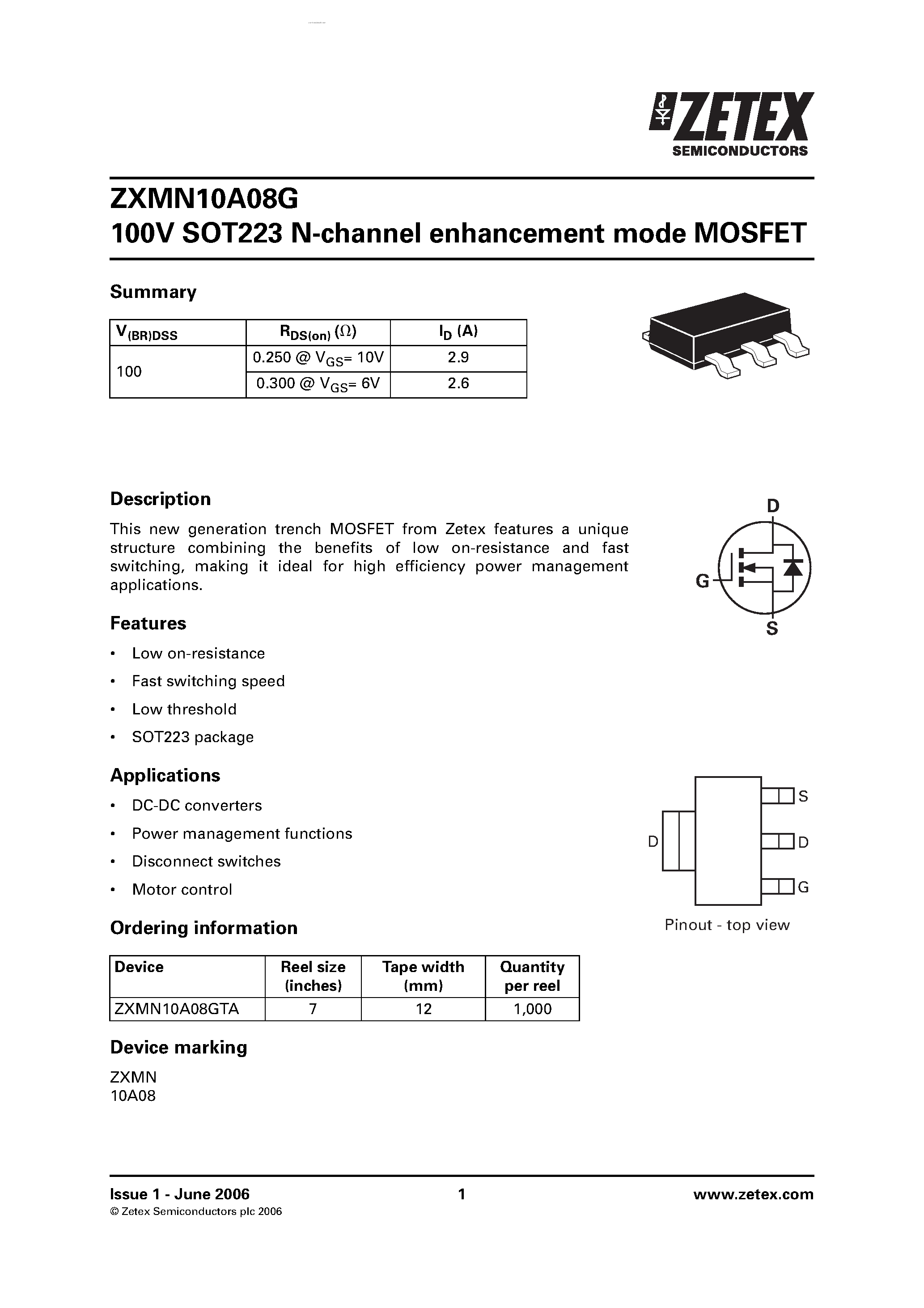 Даташит ZXMN10A08G - 100V SOT223 N-channel enhancement mode MOSFET страница 1