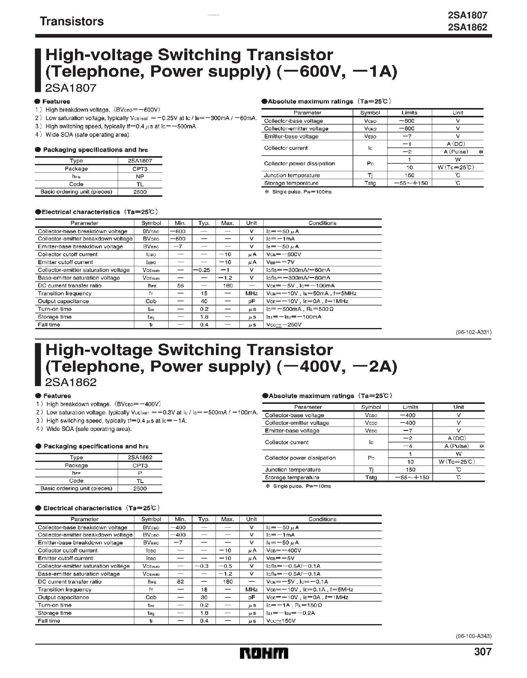 Даташит 2SA1807 - (2SA1807 / 2SA1862) High-Voltage Switching Transistor страница 1