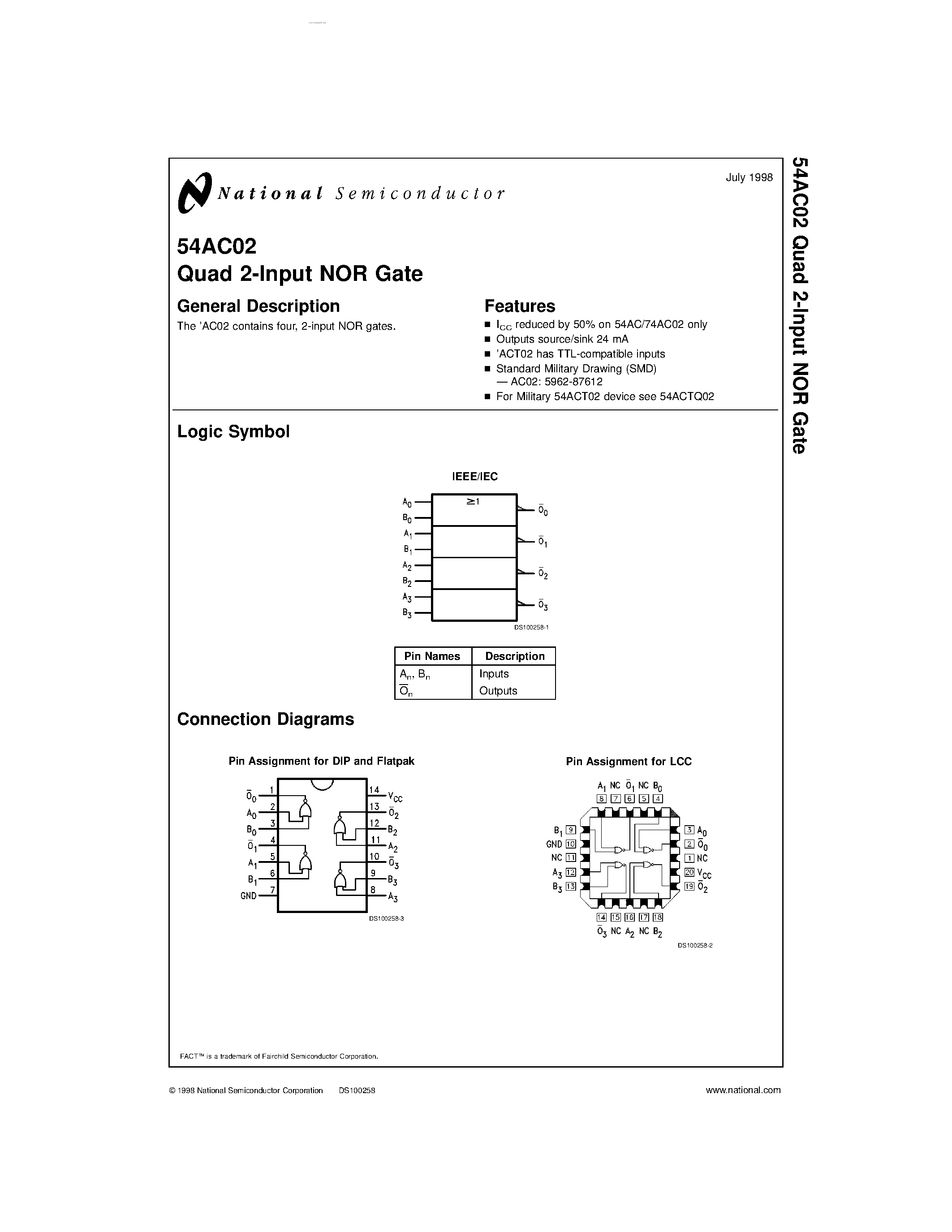 Datasheet 54AC02 - Quad 2-Input NOR Gate page 1