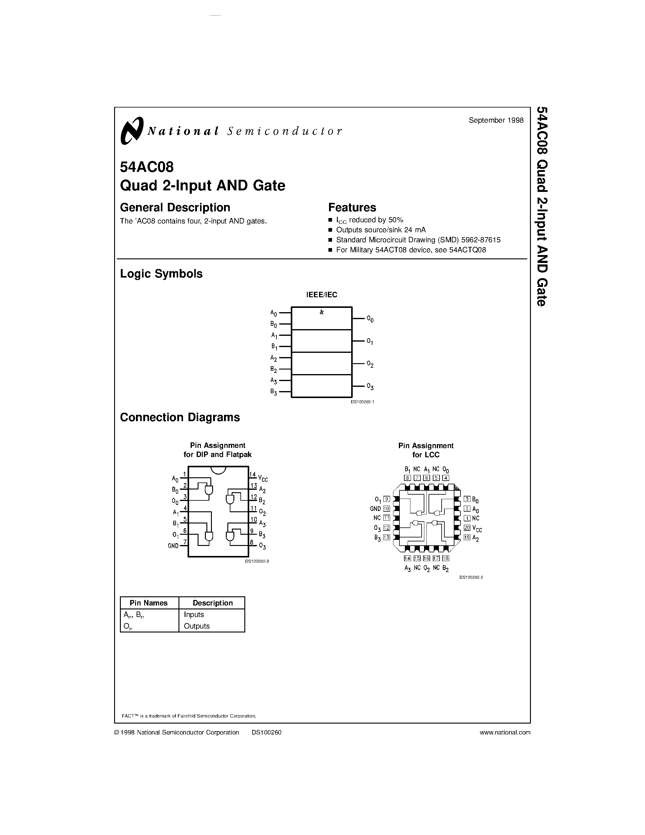 Datasheet 54AC08 - Quad 2-Input AND Gate page 1